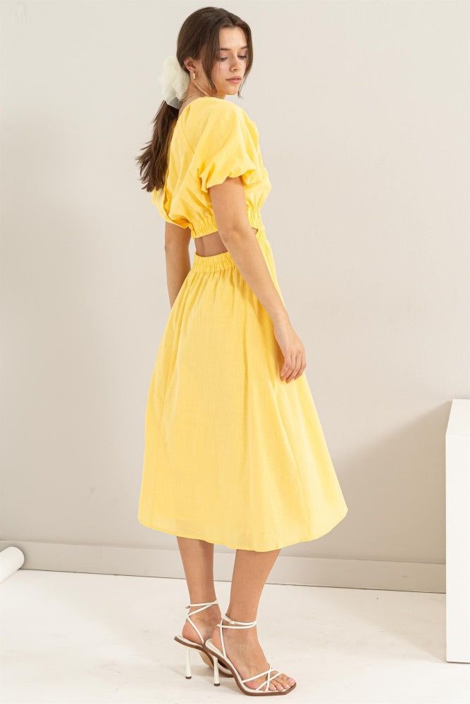 Yellow Bubble Sleeve Midi Dress sold by Pinkblush