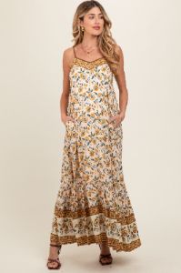 Cream Floral Border Print Lace Up Back Maternity Maxi Dress sold by Pinkblush