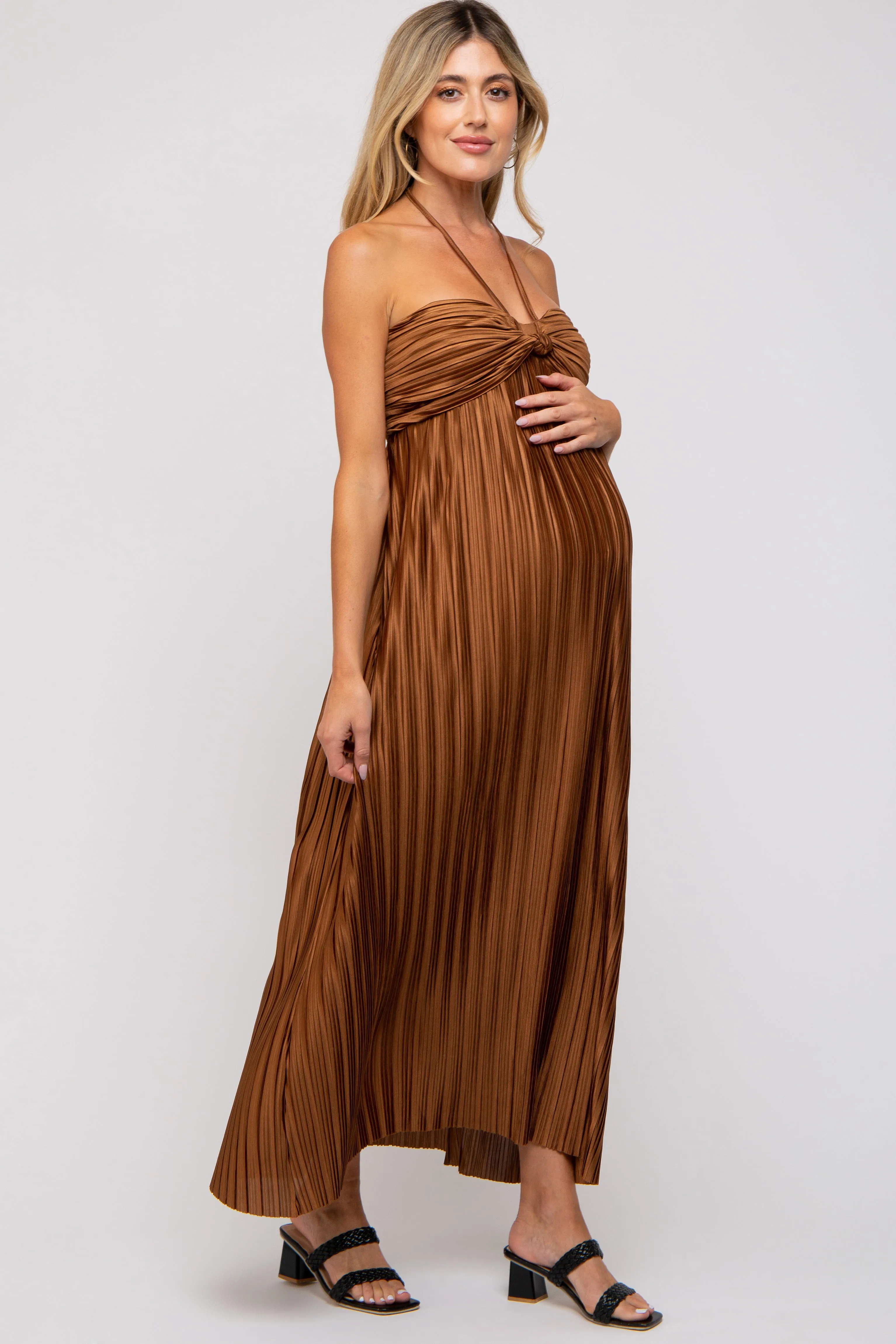 Brown Pleated Halter Maternity Maxi Dress sold by Pinkblush product image thumbnail 3
