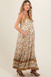 Cream Floral Border Print Lace Up Back Maternity Maxi Dress sold by Pinkblush