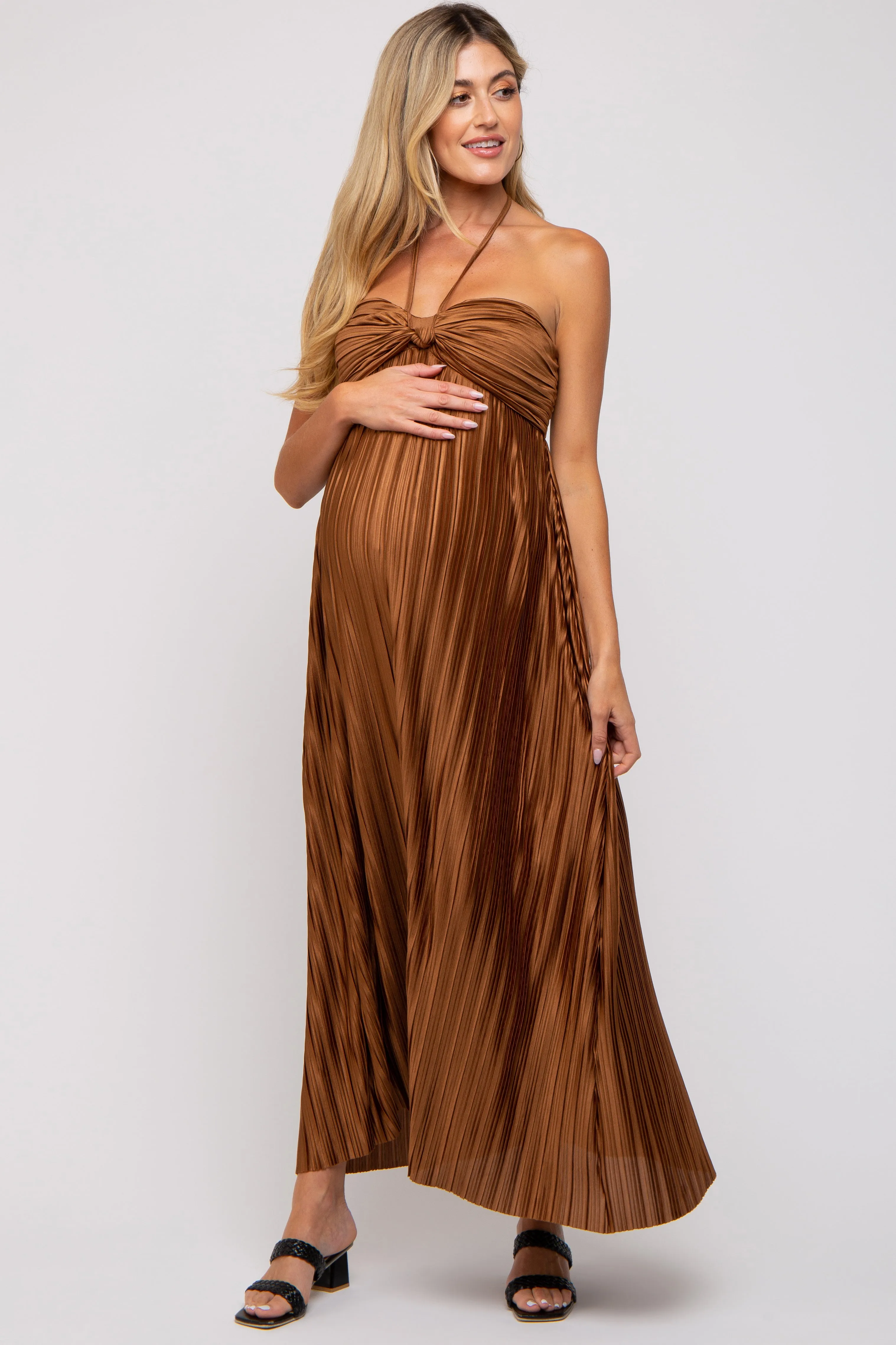 Brown Pleated Halter Maternity Maxi Dress sold by Pinkblush