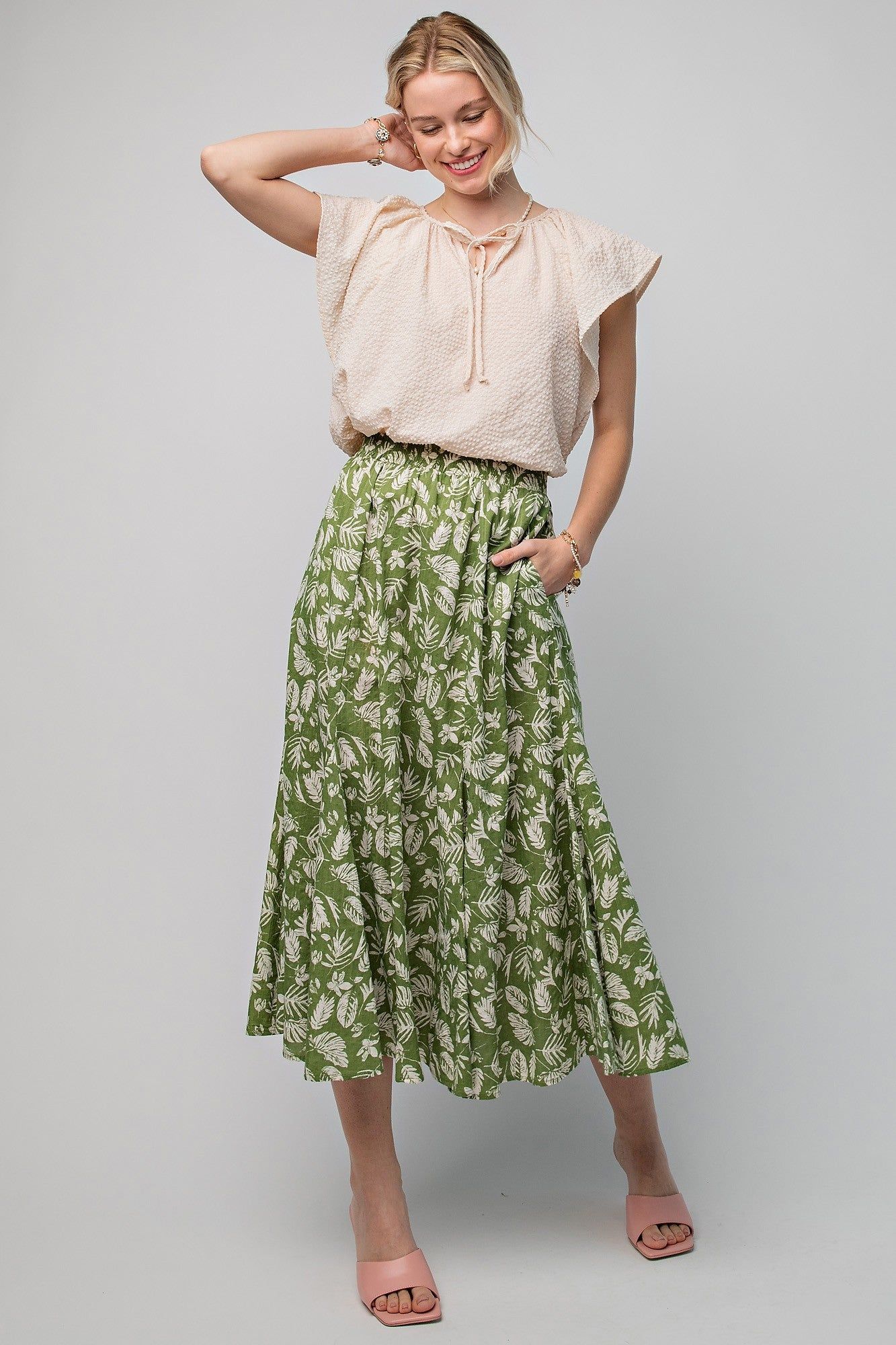 Green Floral Pleated Midi Skirt sold by Pinkblush