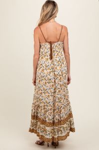 Cream Floral Border Print Lace Up Back Maternity Maxi Dress sold by Pinkblush