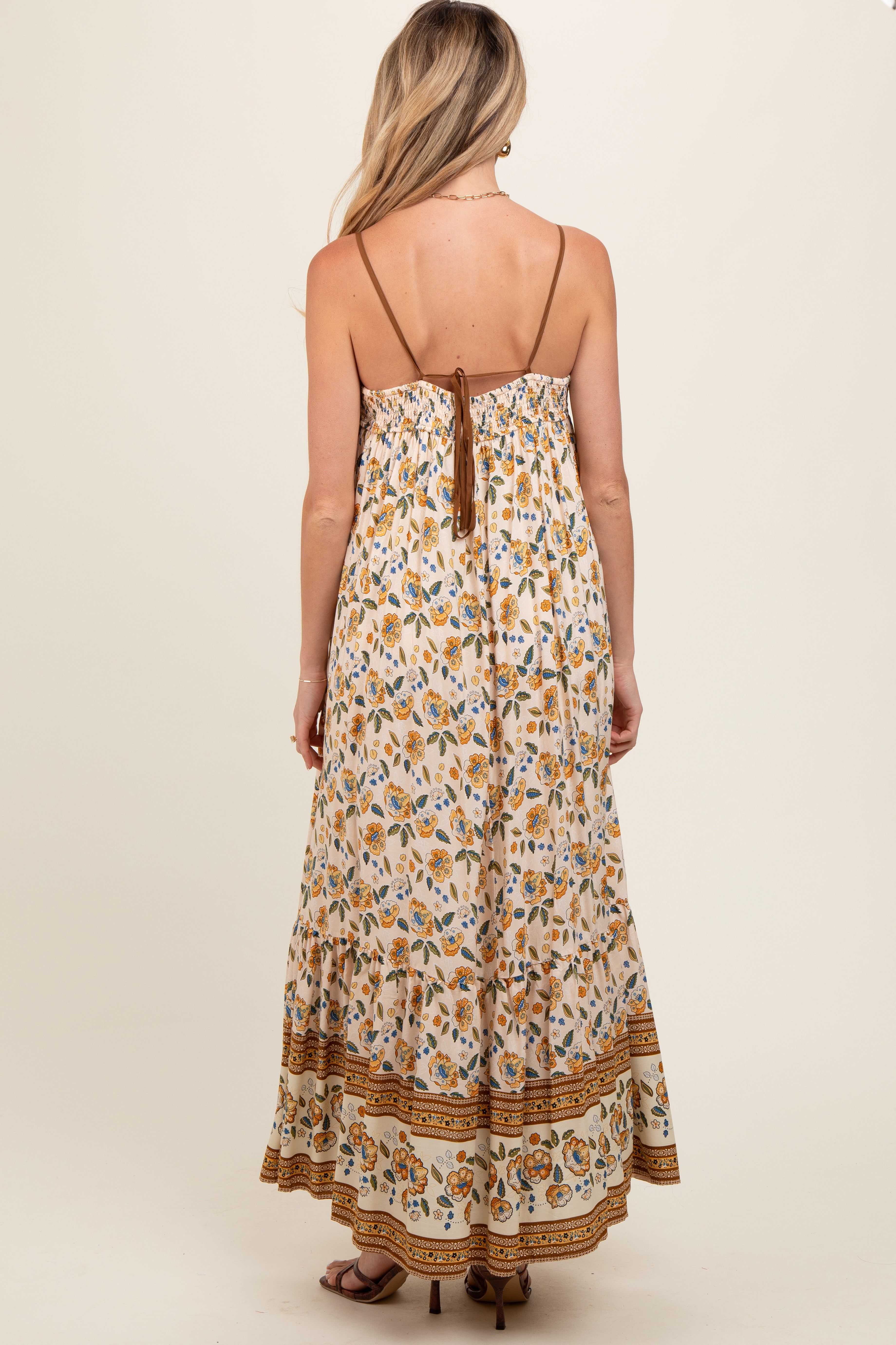 Cream Floral Border Print Lace Up Back Maternity Maxi Dress sold by Pinkblush product image thumbnail 4