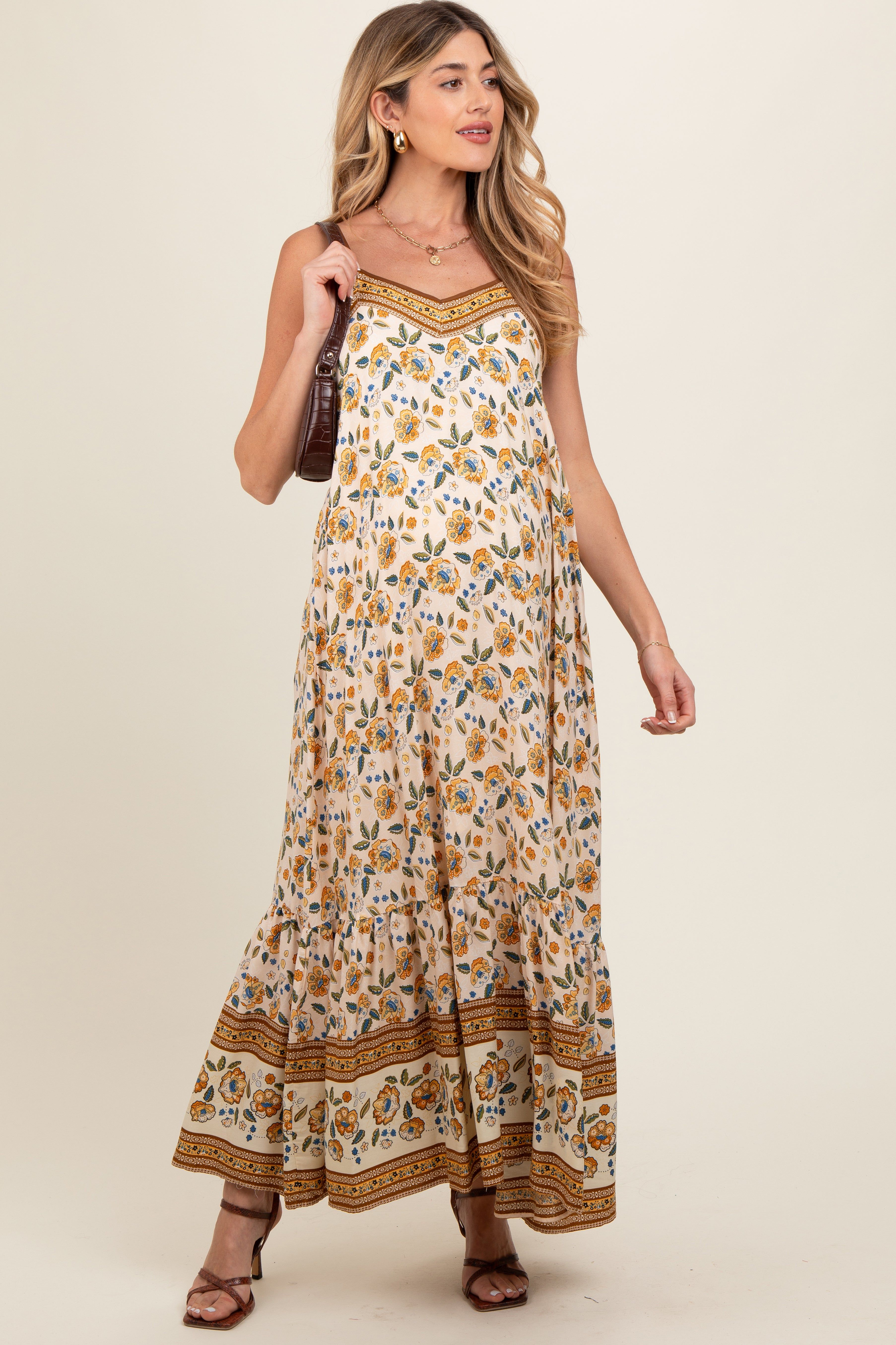 Cream Floral Border Print Lace Up Back Maternity Maxi Dress sold by Pinkblush