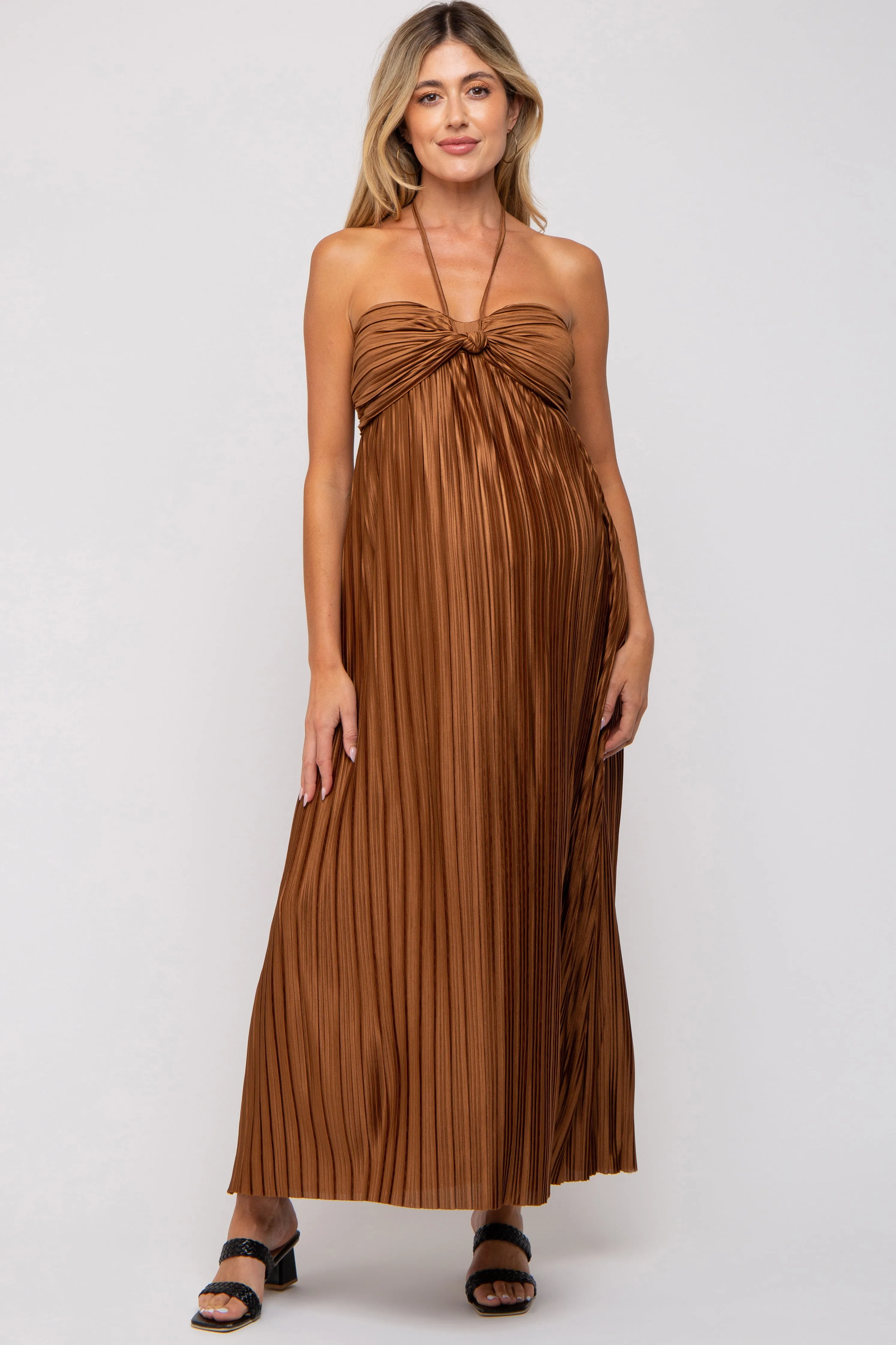Brown Pleated Halter Maternity Maxi Dress sold by Pinkblush product image thumbnail 2