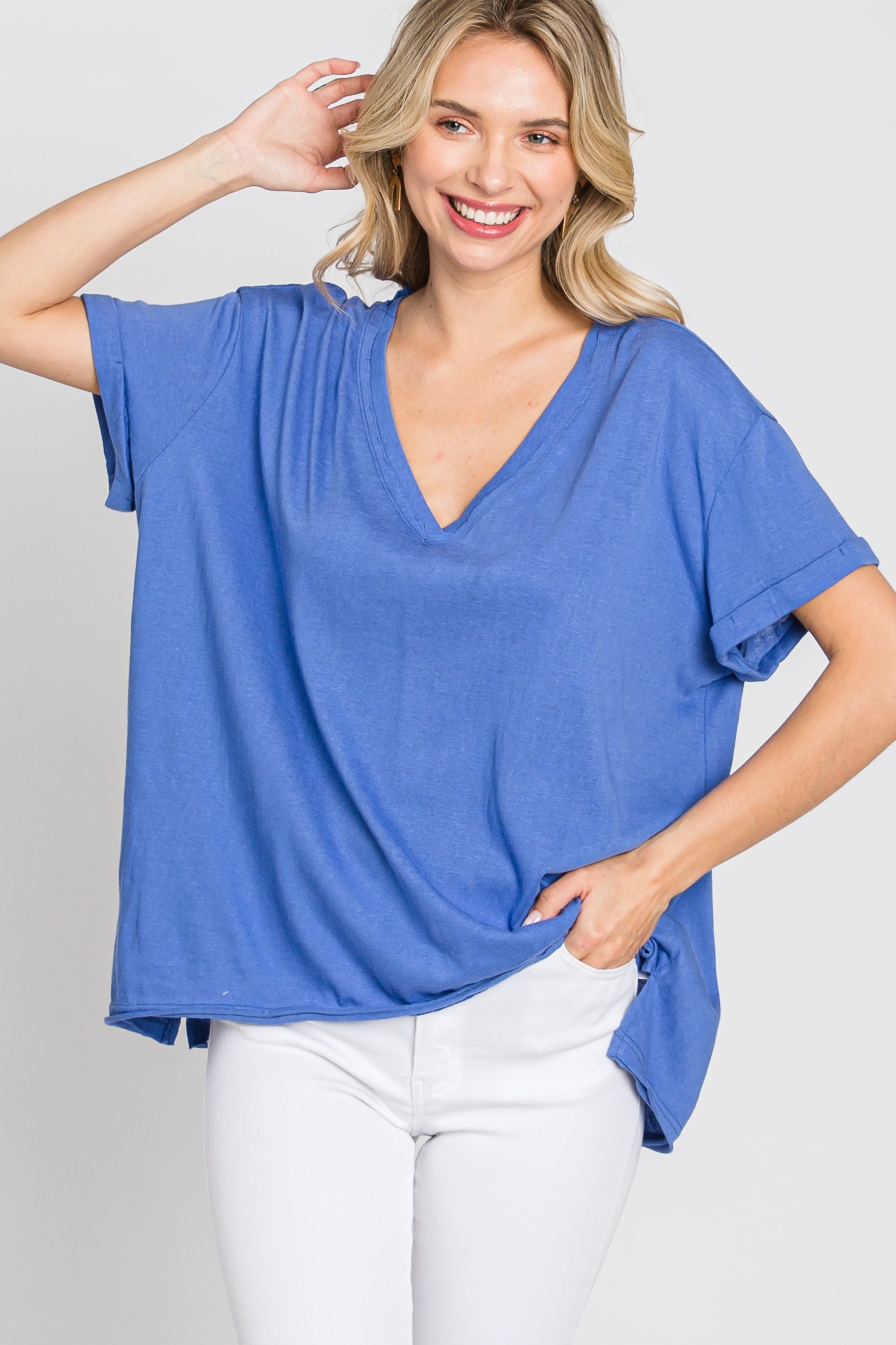 Blue Basic Rolled Short Sleeve Top sold by Pinkblush