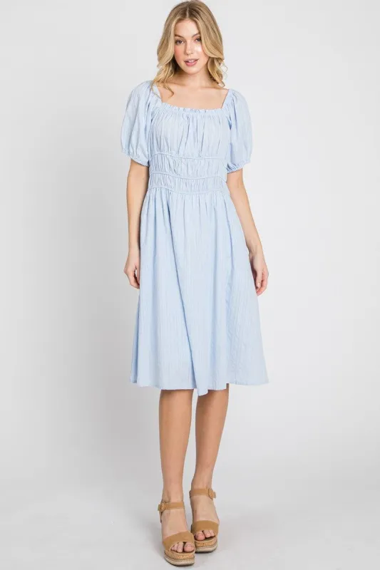 Blue Solid Textured Dress W/ Elastic Details sold by Pinkblush