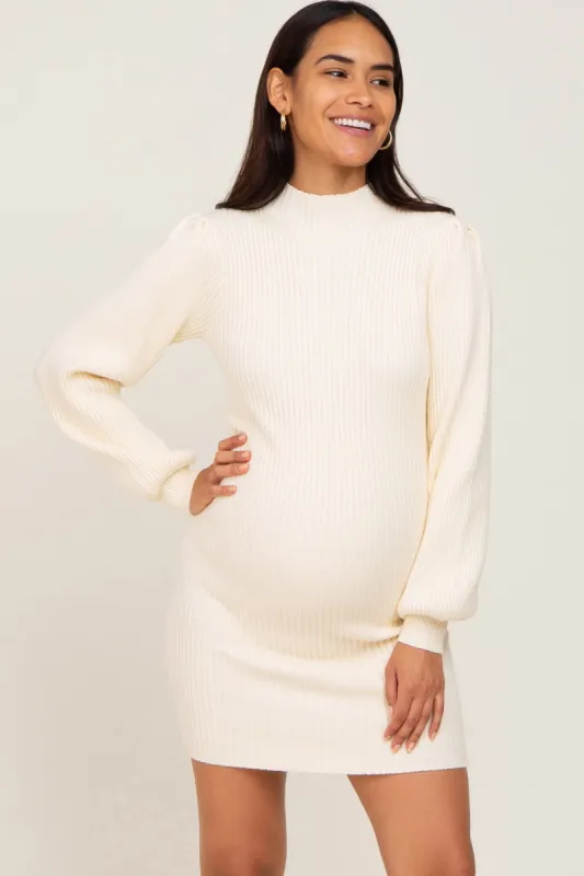 Ivory Mock Neck Puff Sleeve Maternity Sweater Dress sold by Pinkblush