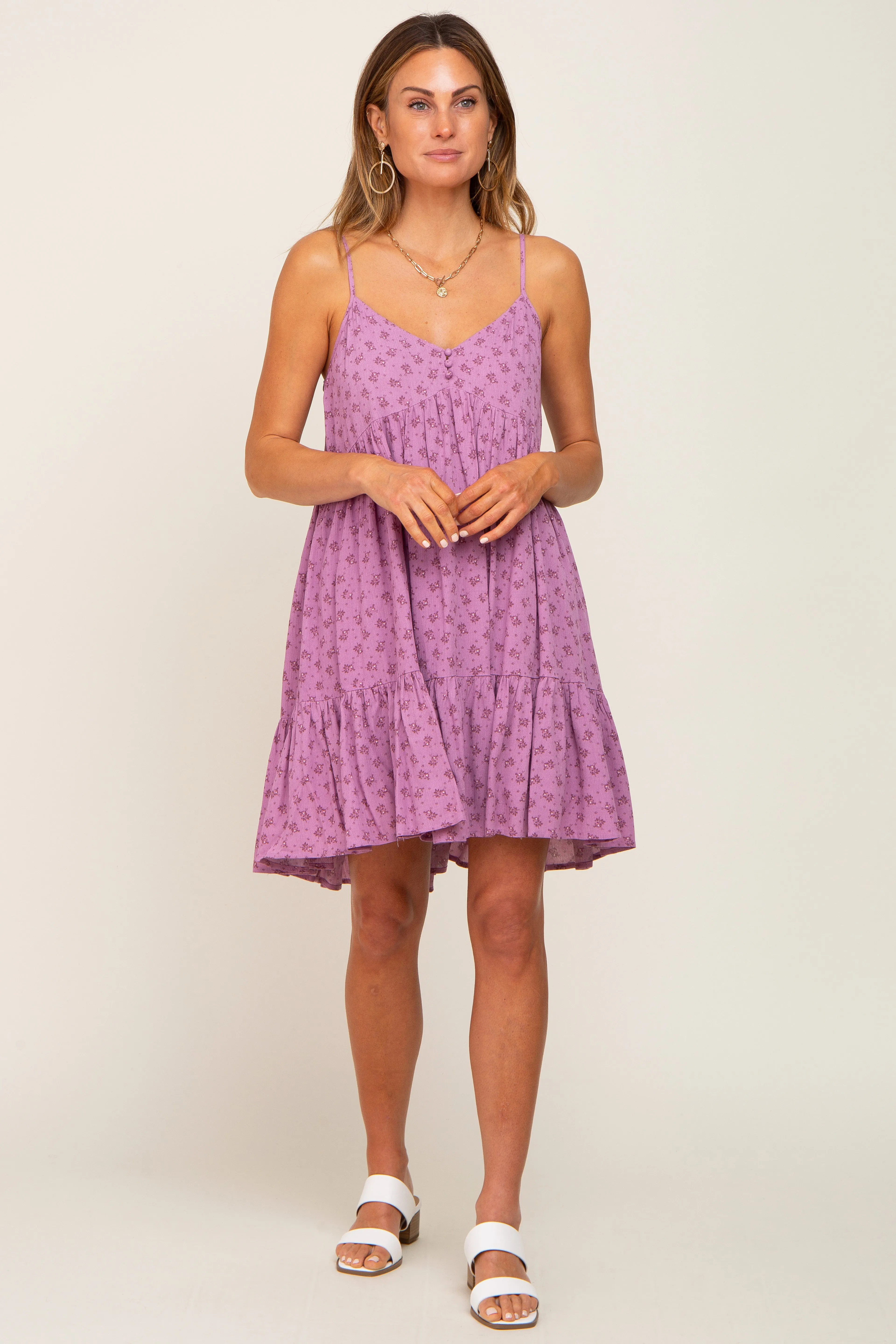 Lavender Floral Button Front Ruffle Dress sold by Pinkblush product image thumbnail 4