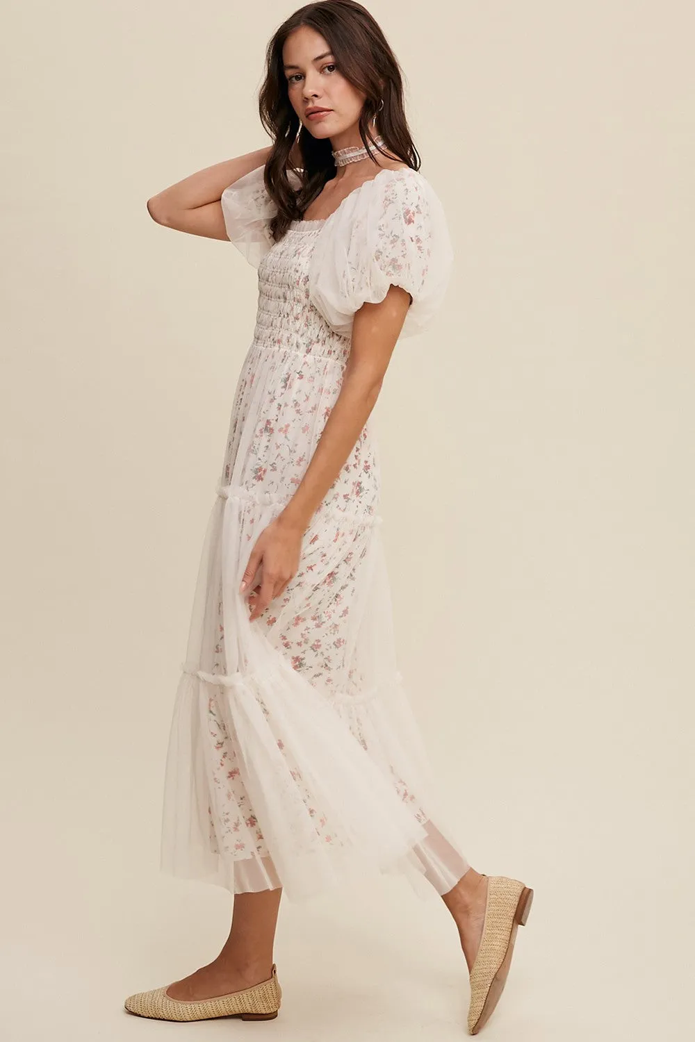 Cream Floral Lined Smocked Tulle Midi Dress sold by Pinkblush product image thumbnail 3