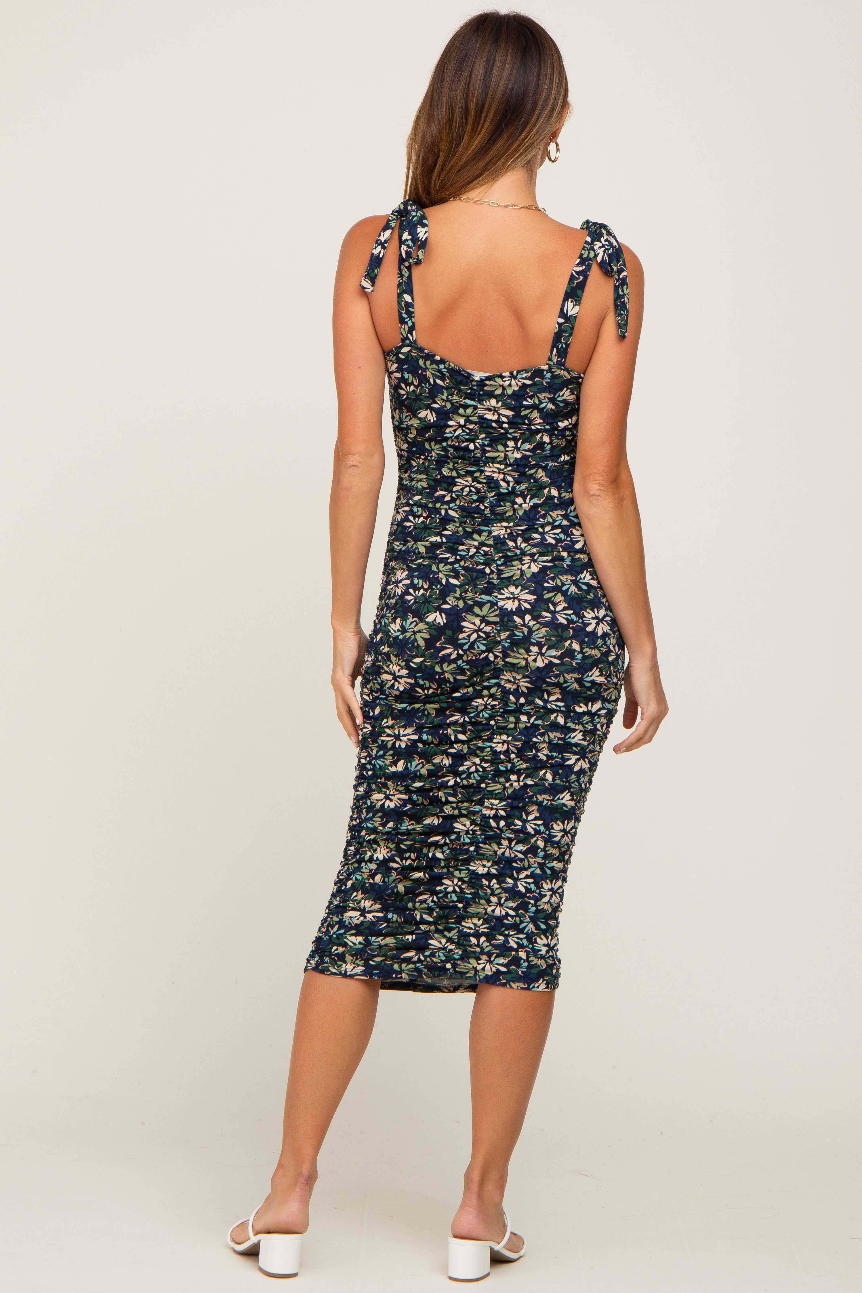 Navy Floral Ruched Shoulder Tie Dress sold by Pinkblush product image thumbnail 3