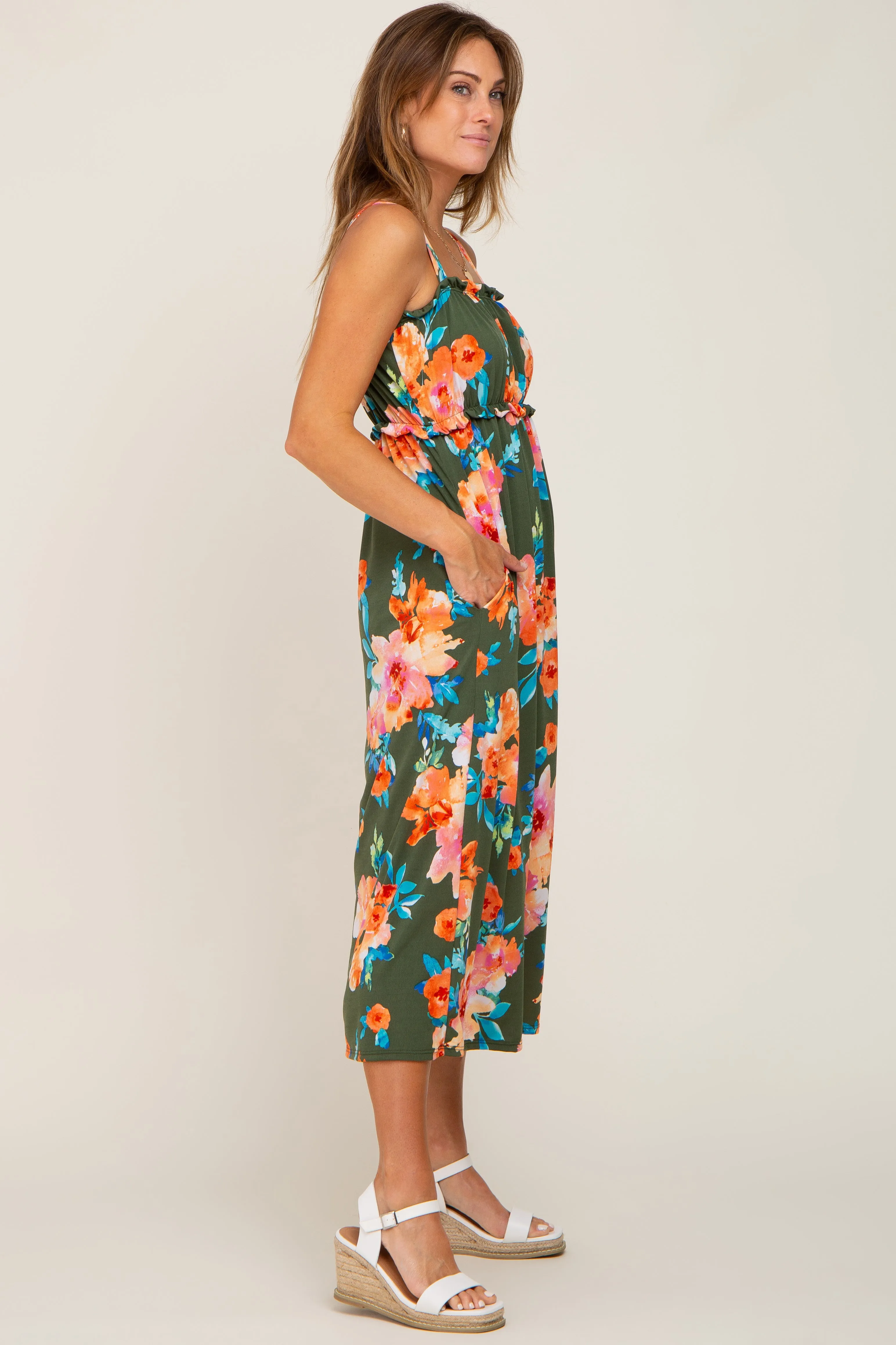 Olive Floral Square Neck Ruffle Midi Dress sold by Pinkblush product image thumbnail 2