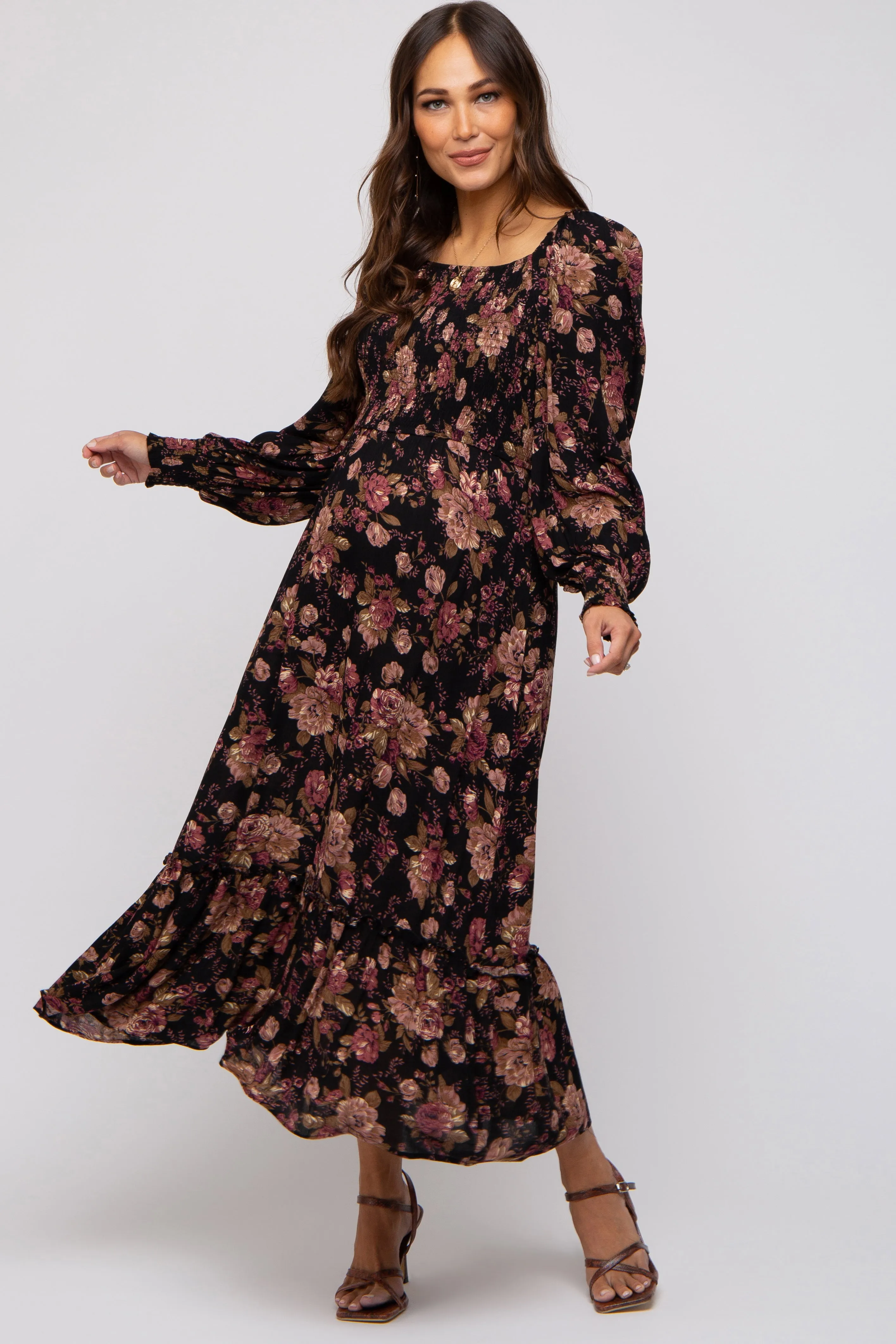 Black Floral Smocked Long Sleeve Maternity Midi Dress sold by Pinkblush product image thumbnail 2