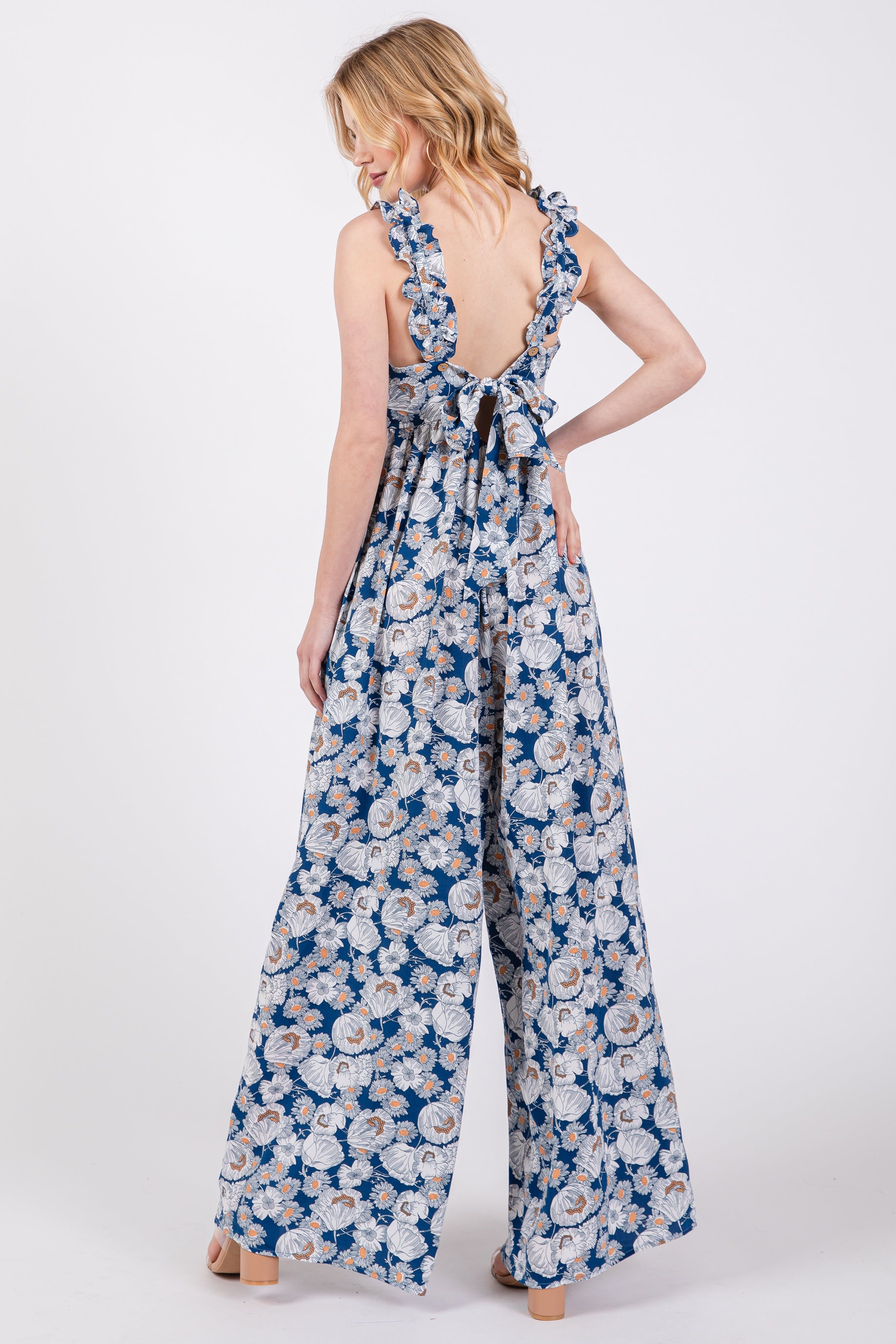 Blue Floral Sleeveless Tie Back Jumpsuit sold by Pinkblush product image thumbnail 3
