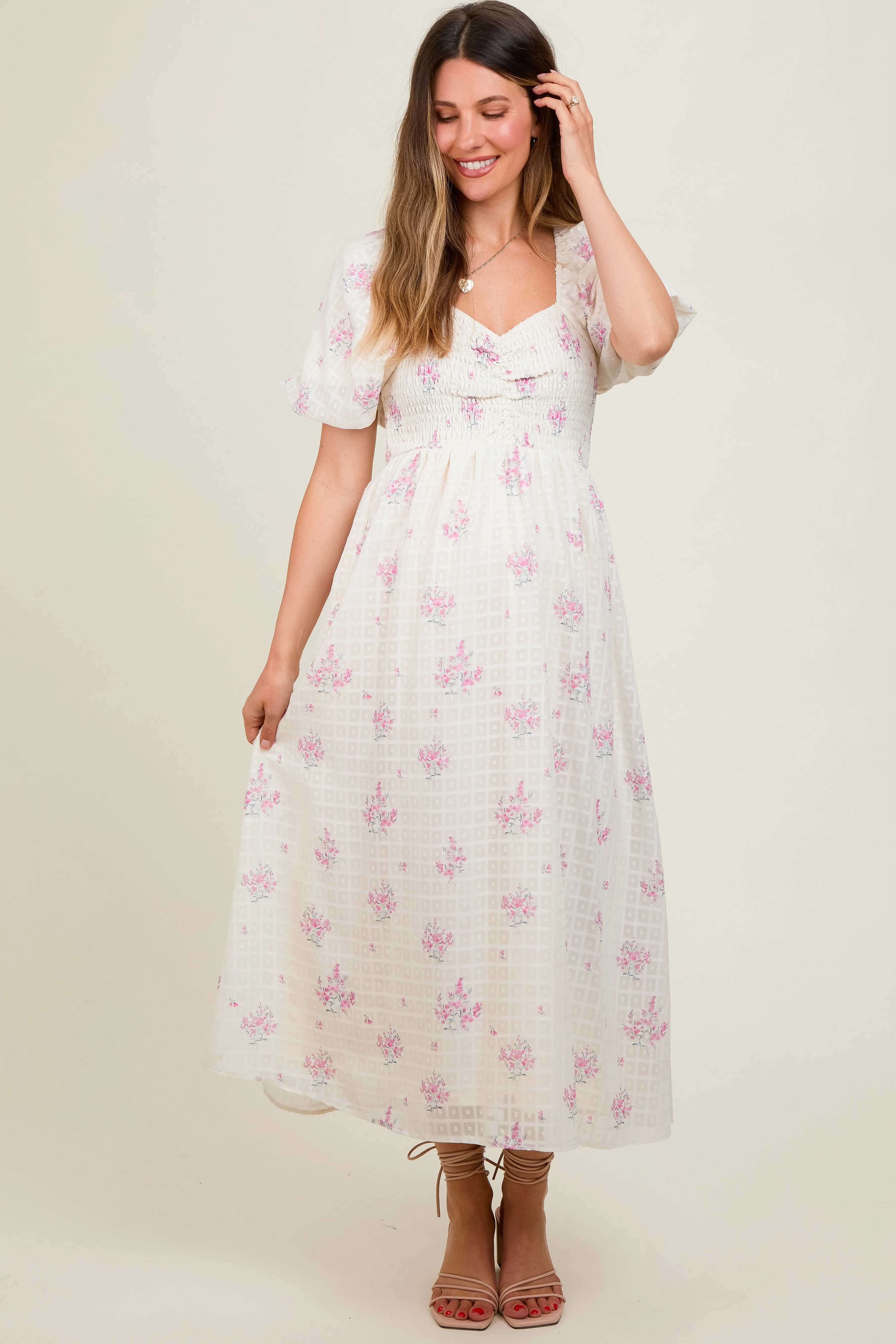 Pink Floral Textured Dot Smocked Sweetheart Neck Maternity Midi Dress sold by Pinkblush product image thumbnail 3