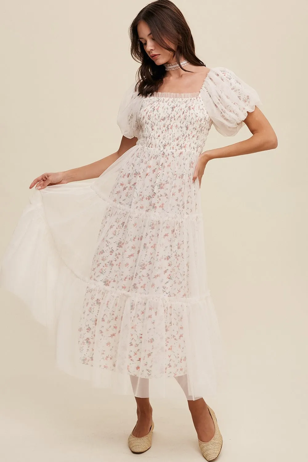 Cream Floral Lined Smocked Tulle Midi Dress sold by Pinkblush