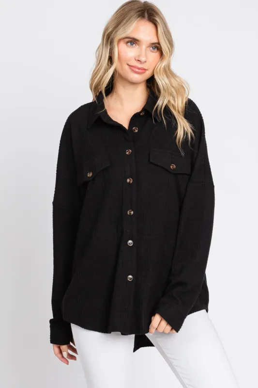 Black Textured Button Front Collared Top sold by Pinkblush