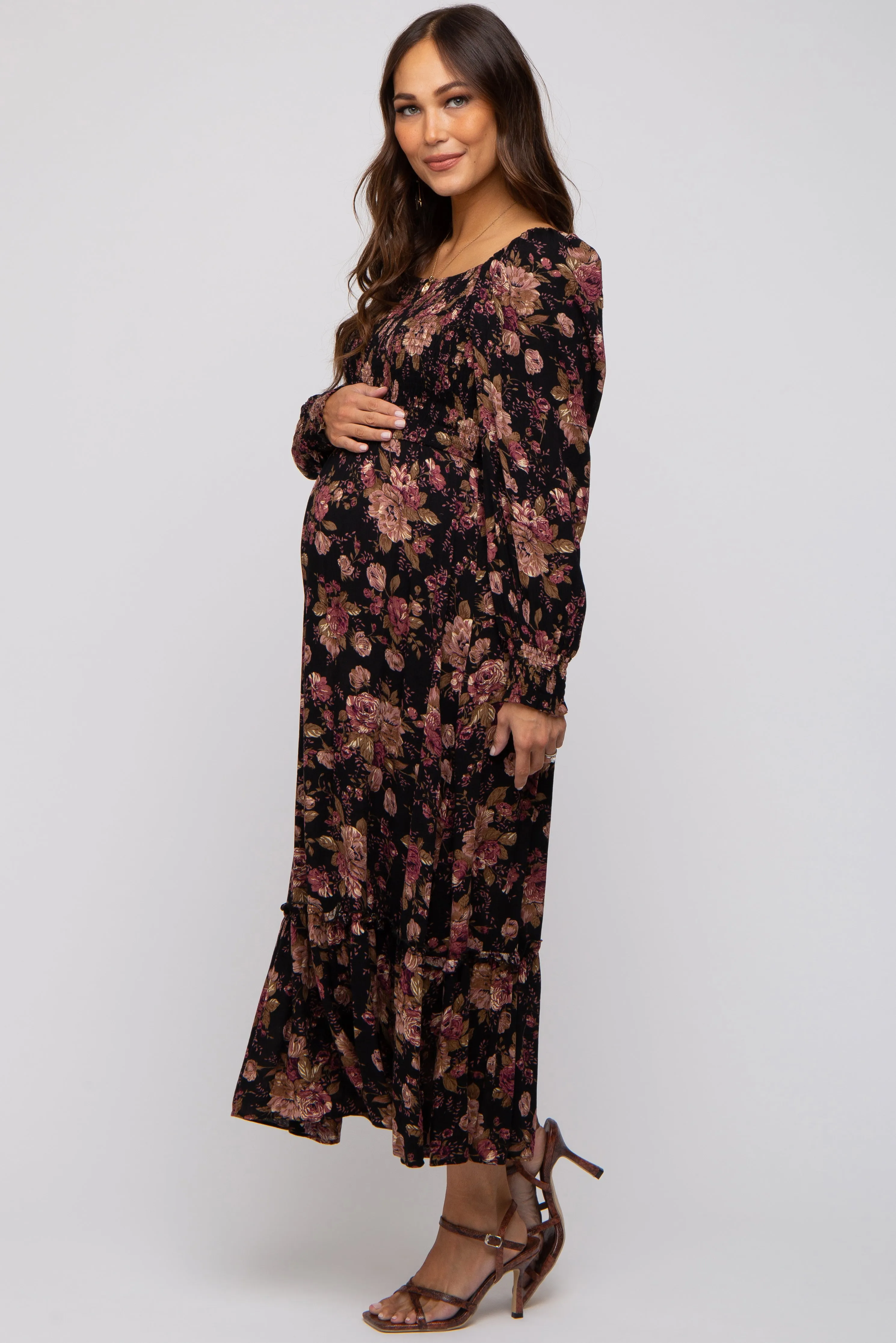 Black Floral Smocked Long Sleeve Maternity Midi Dress sold by Pinkblush product image thumbnail 3