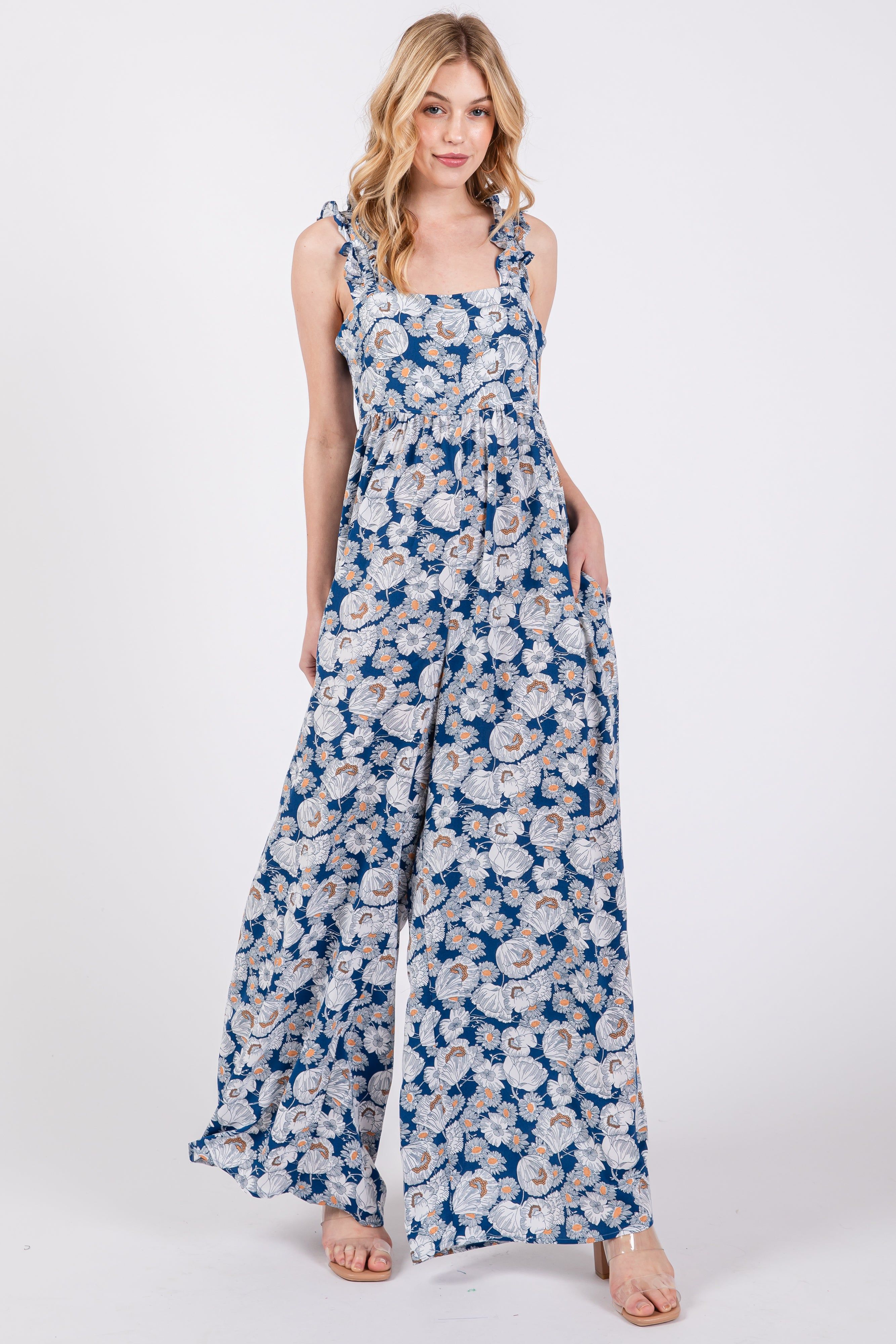 Blue Floral Sleeveless Tie Back Jumpsuit sold by Pinkblush