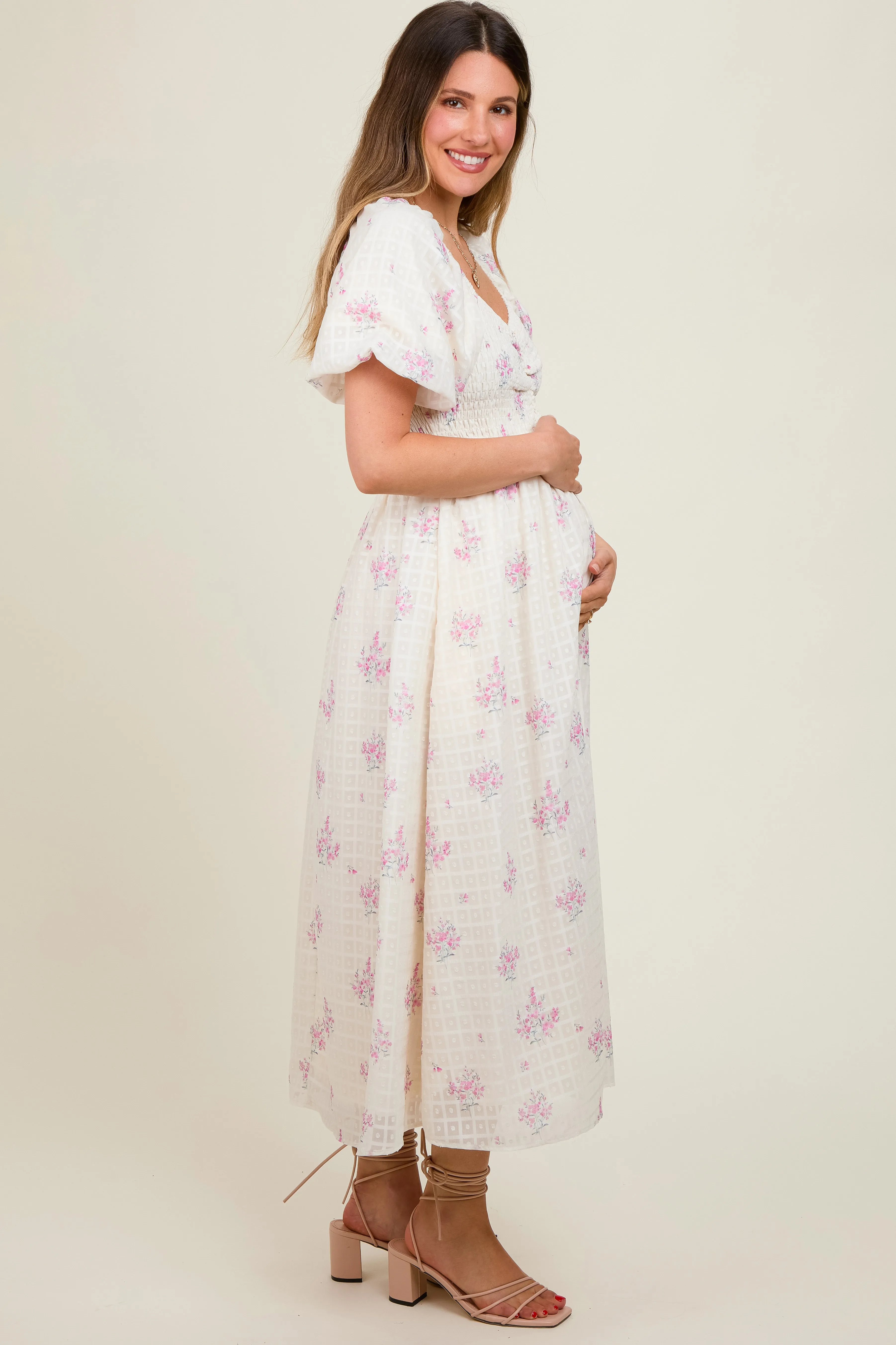 Pink Floral Textured Dot Smocked Sweetheart Neck Maternity Midi Dress sold by Pinkblush product image thumbnail 4
