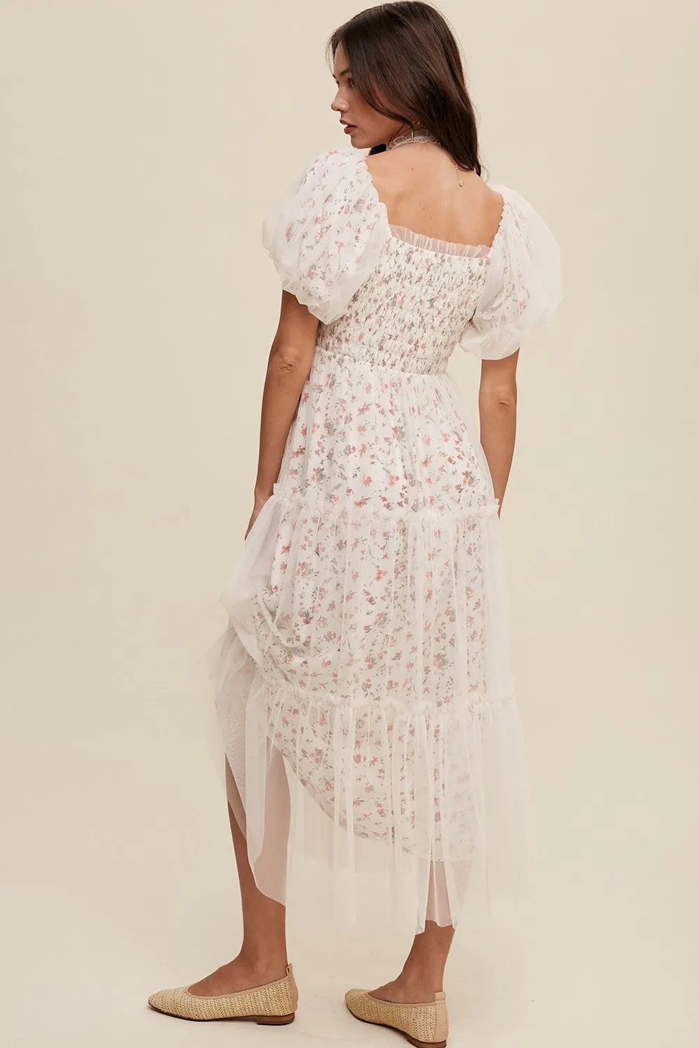 Cream Floral Lined Smocked Tulle Midi Dress sold by Pinkblush product image thumbnail 4