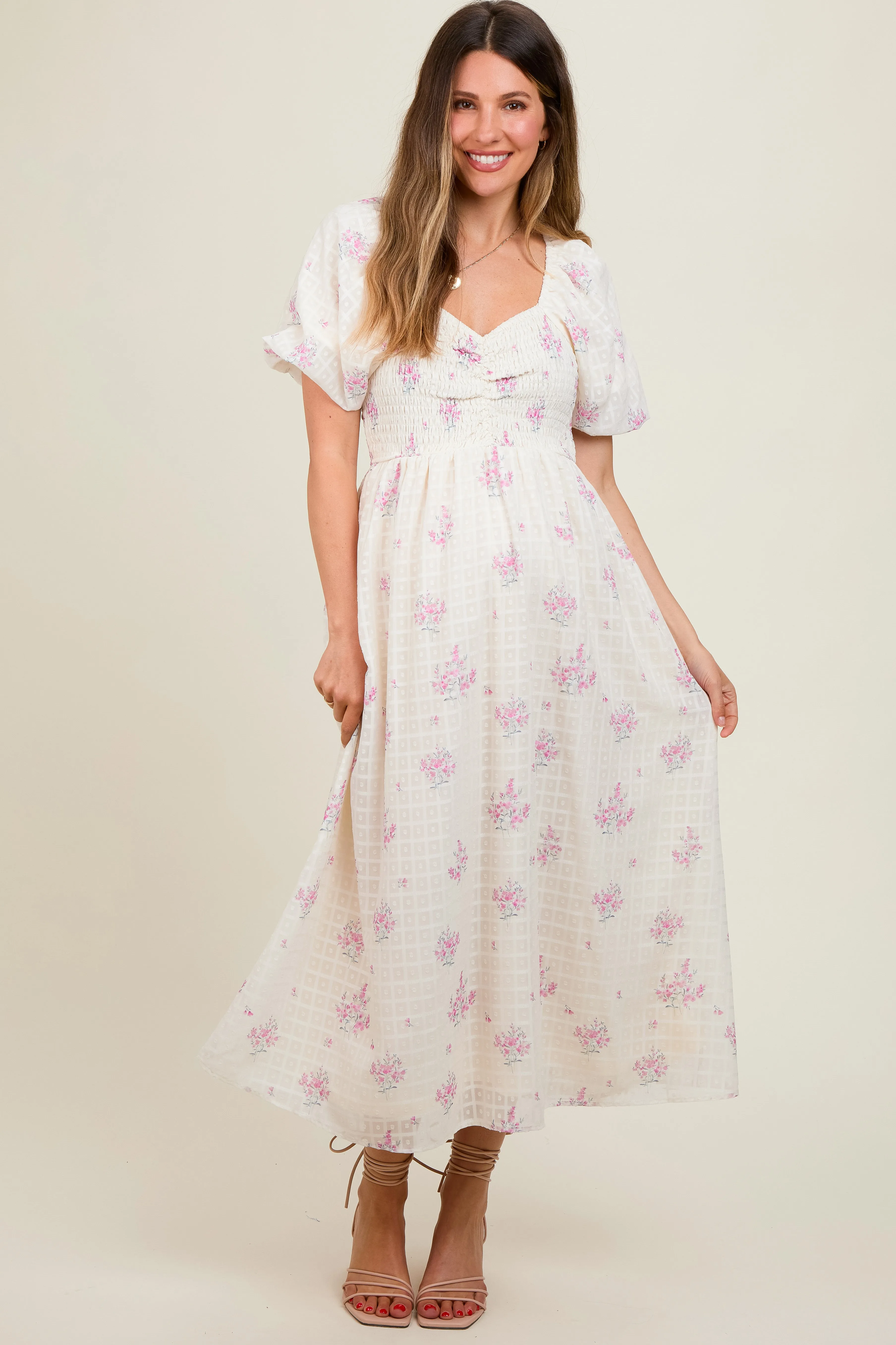 Pink Floral Textured Dot Smocked Sweetheart Neck Maternity Midi Dress sold by Pinkblush