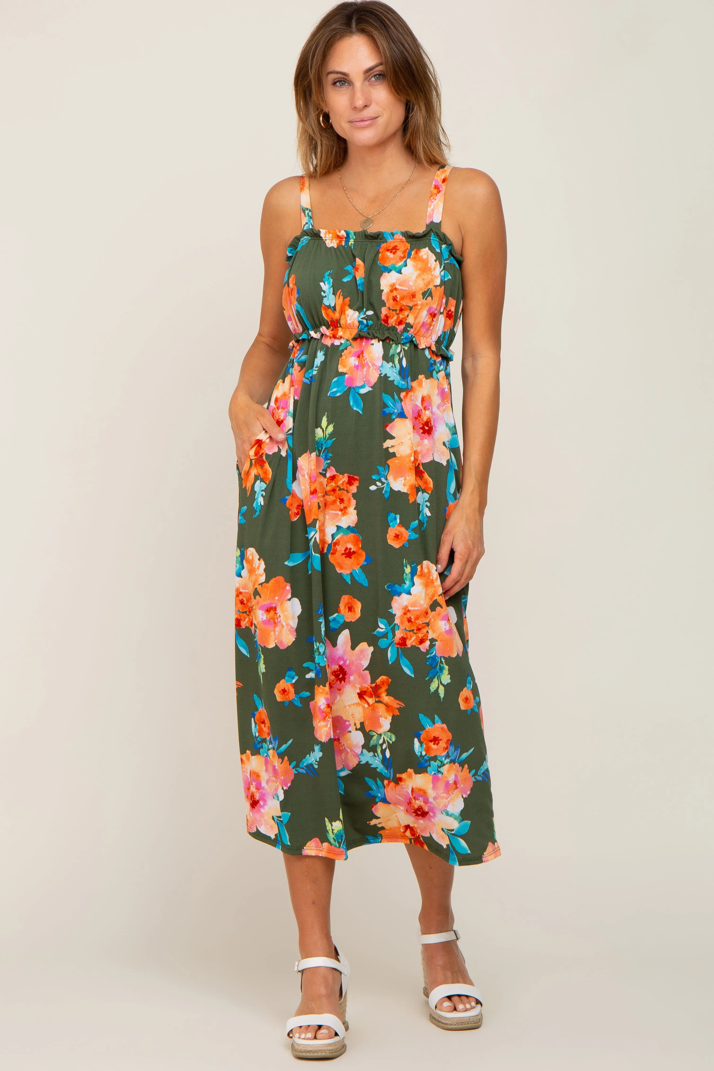 Olive Floral Square Neck Ruffle Midi Dress sold by Pinkblush product image thumbnail 4