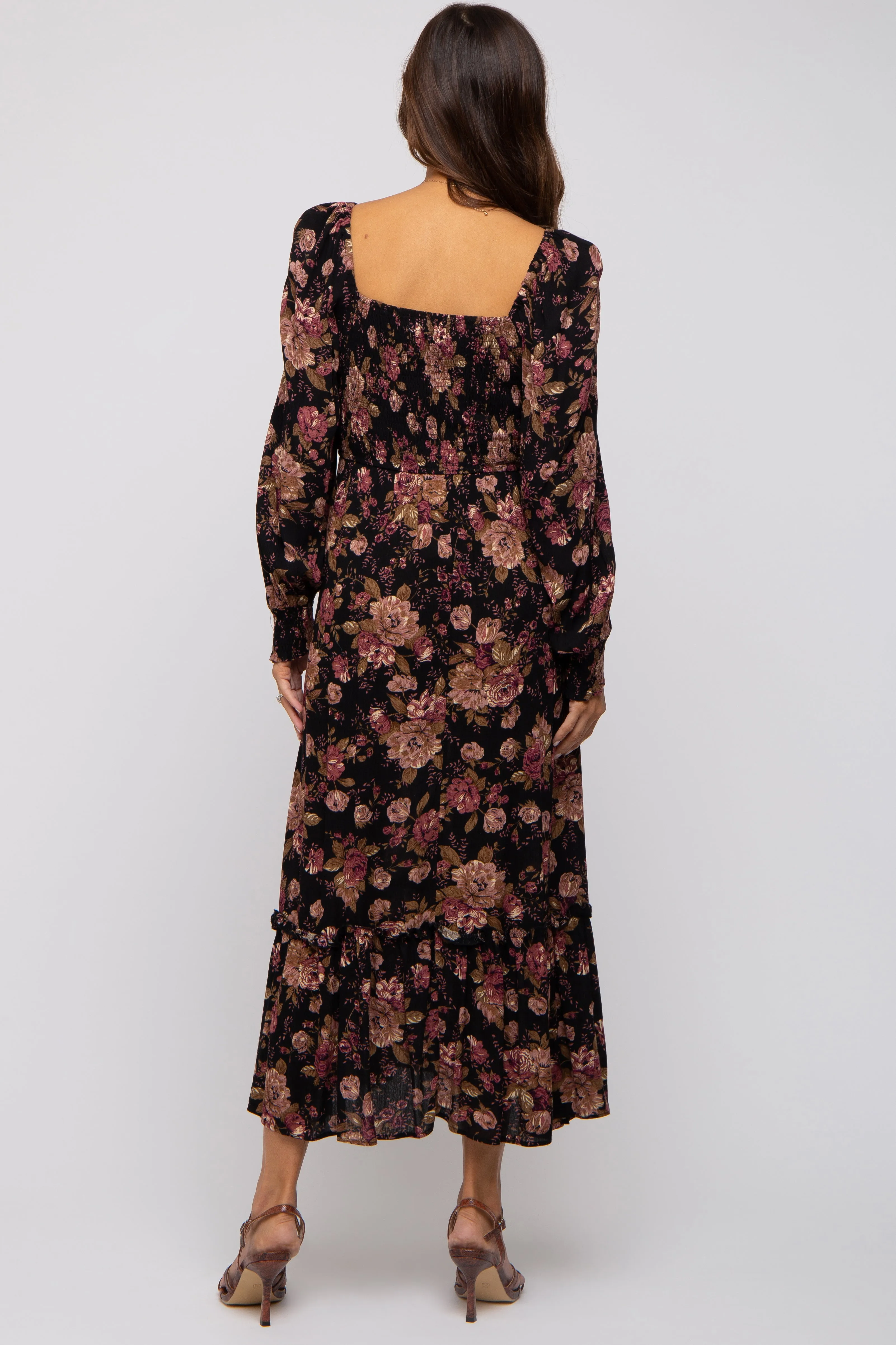 Black Floral Smocked Long Sleeve Maternity Midi Dress sold by Pinkblush product image thumbnail 4