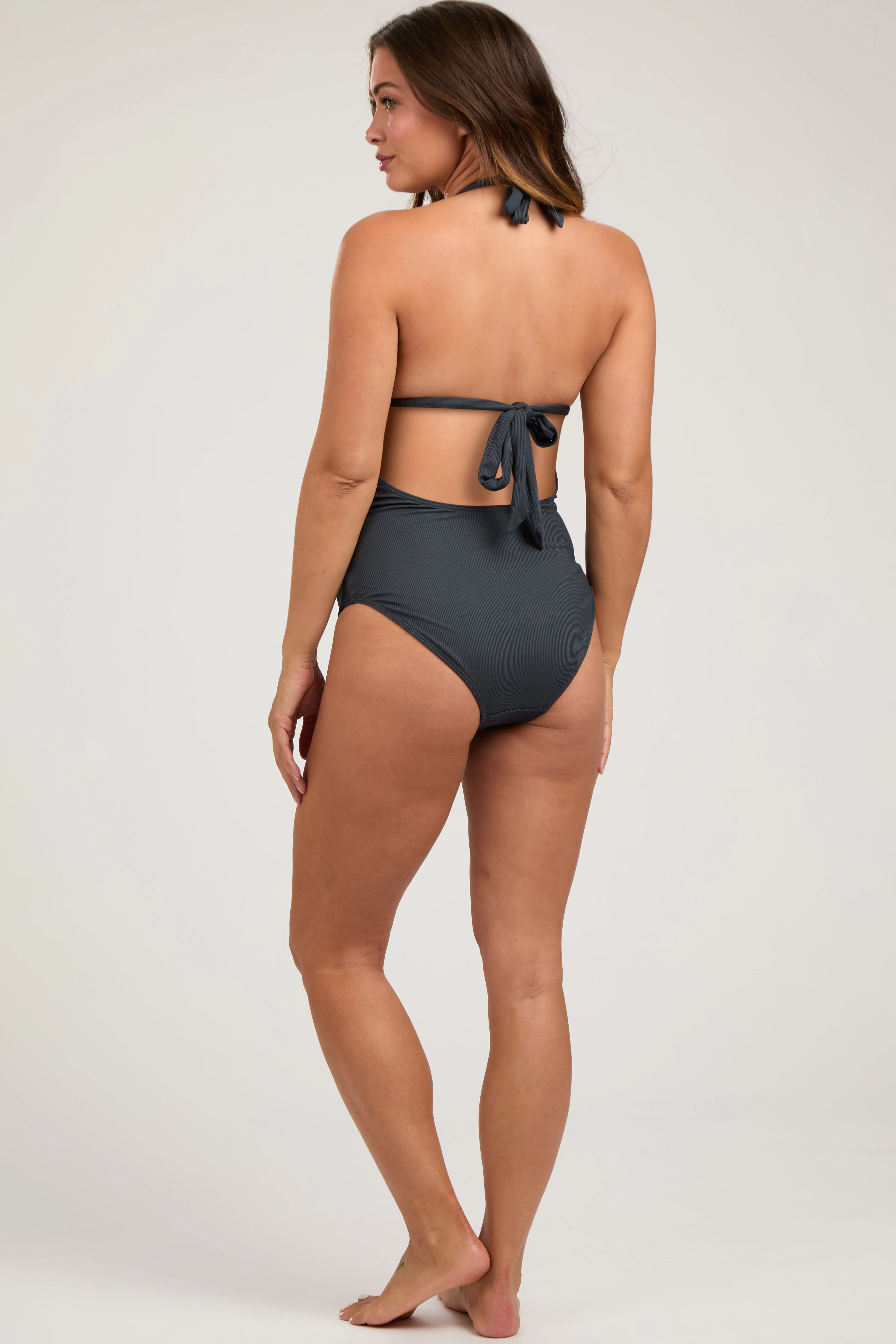 Black Ribbed Low Back Halter One-Piece Maternity Swimsuit sold by Pinkblush product image thumbnail 4