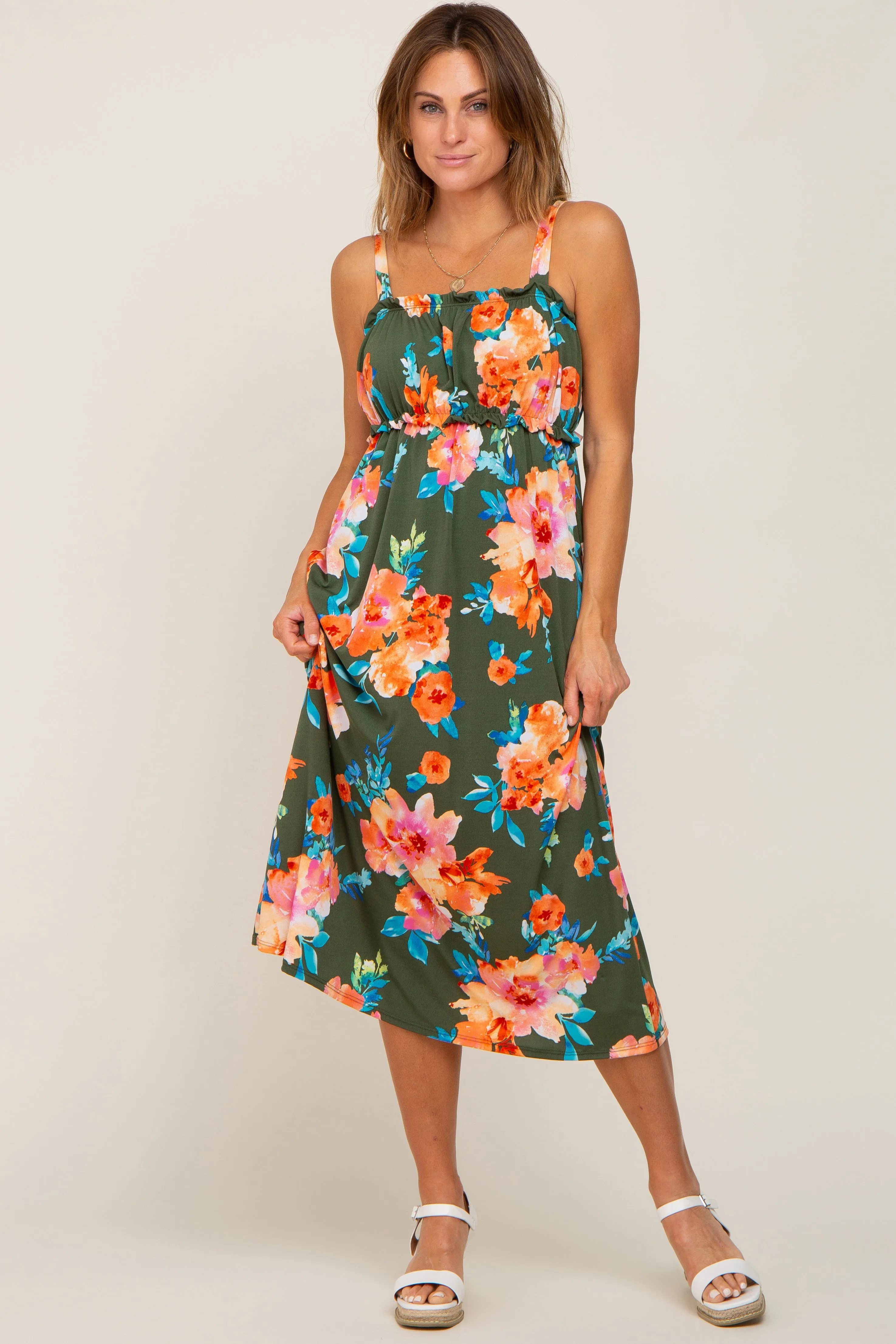 Olive Floral Square Neck Ruffle Midi Dress sold by Pinkblush
