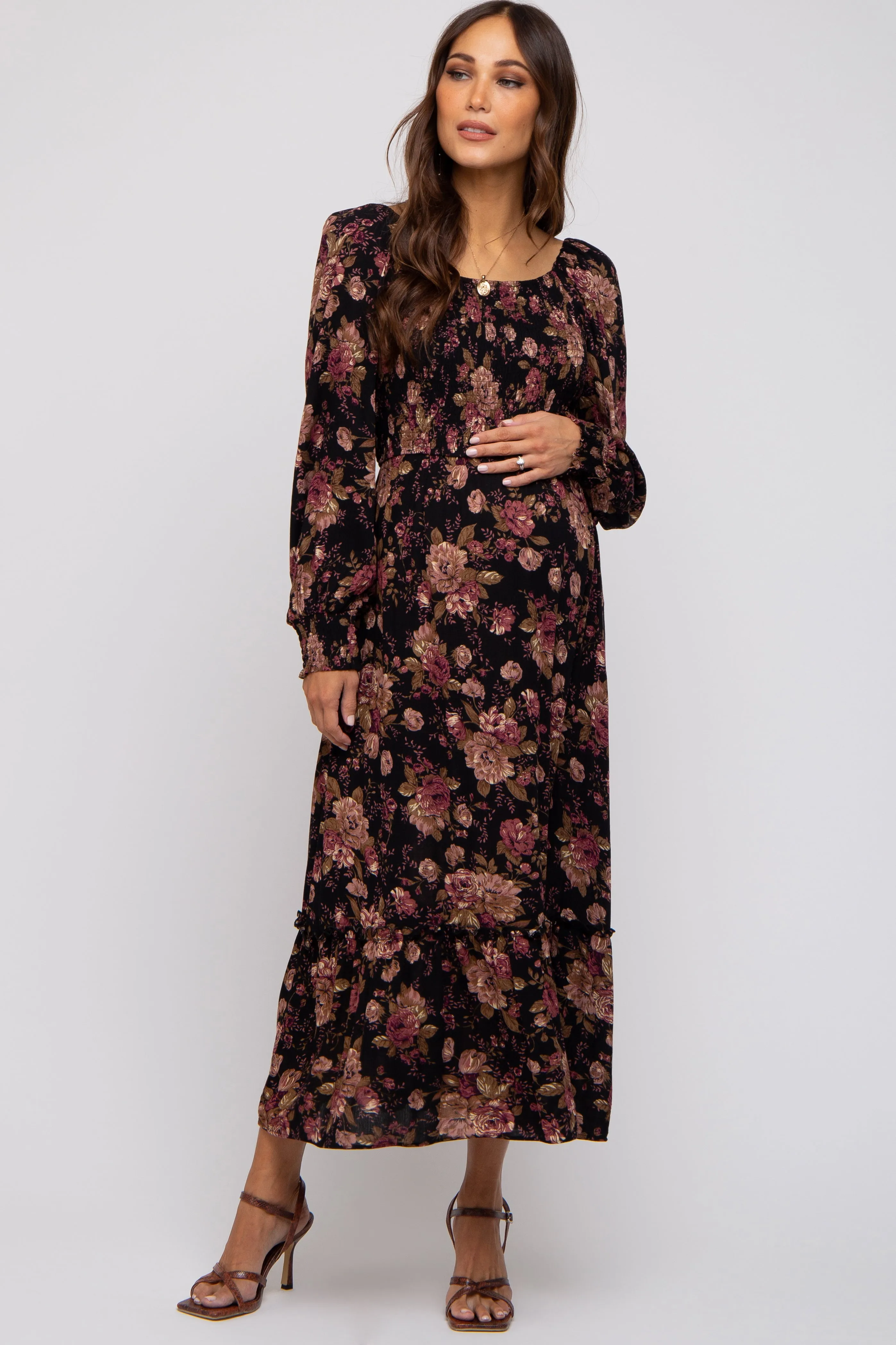 Black Floral Smocked Long Sleeve Maternity Midi Dress sold by Pinkblush