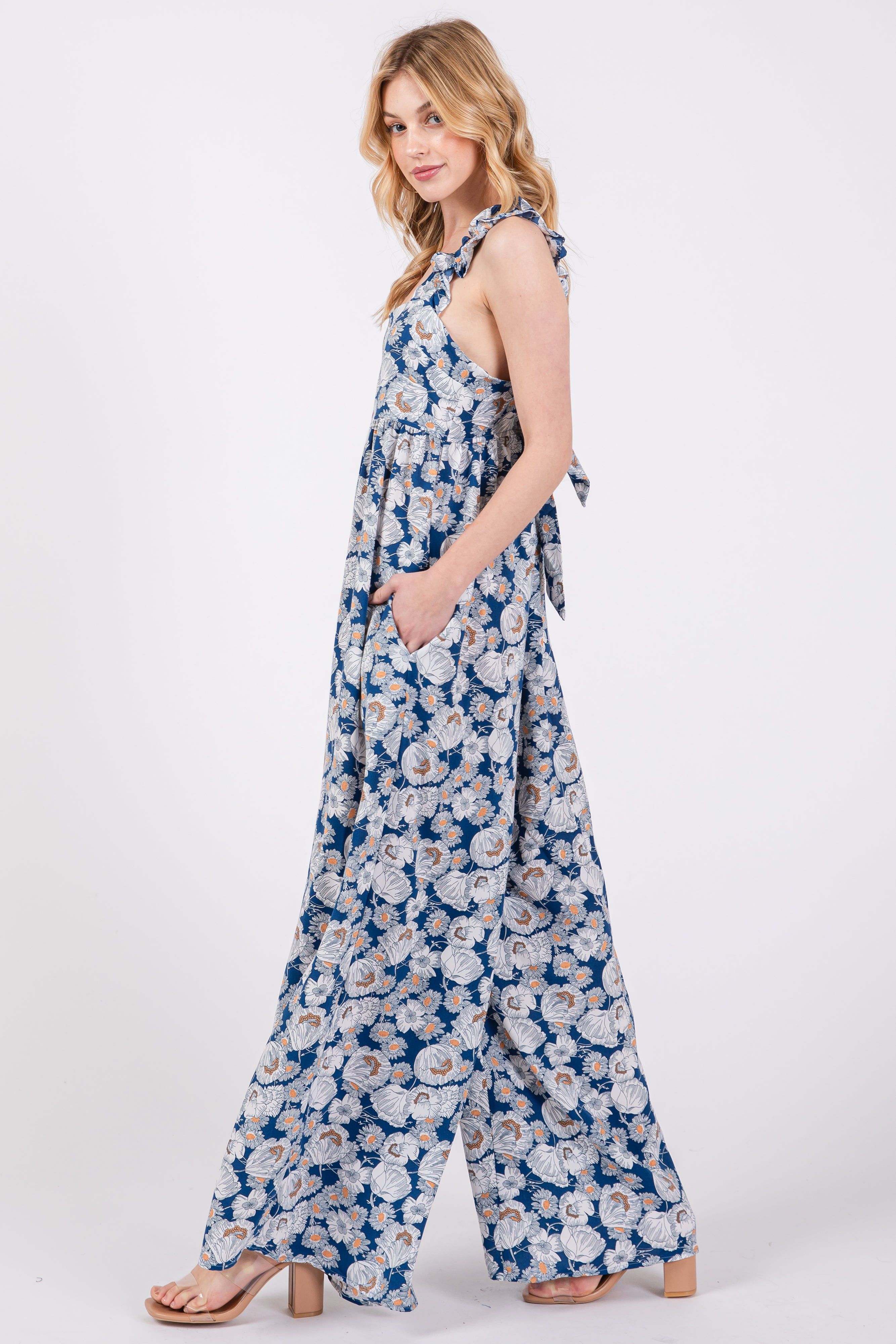 Blue Floral Sleeveless Tie Back Jumpsuit sold by Pinkblush product image thumbnail 2