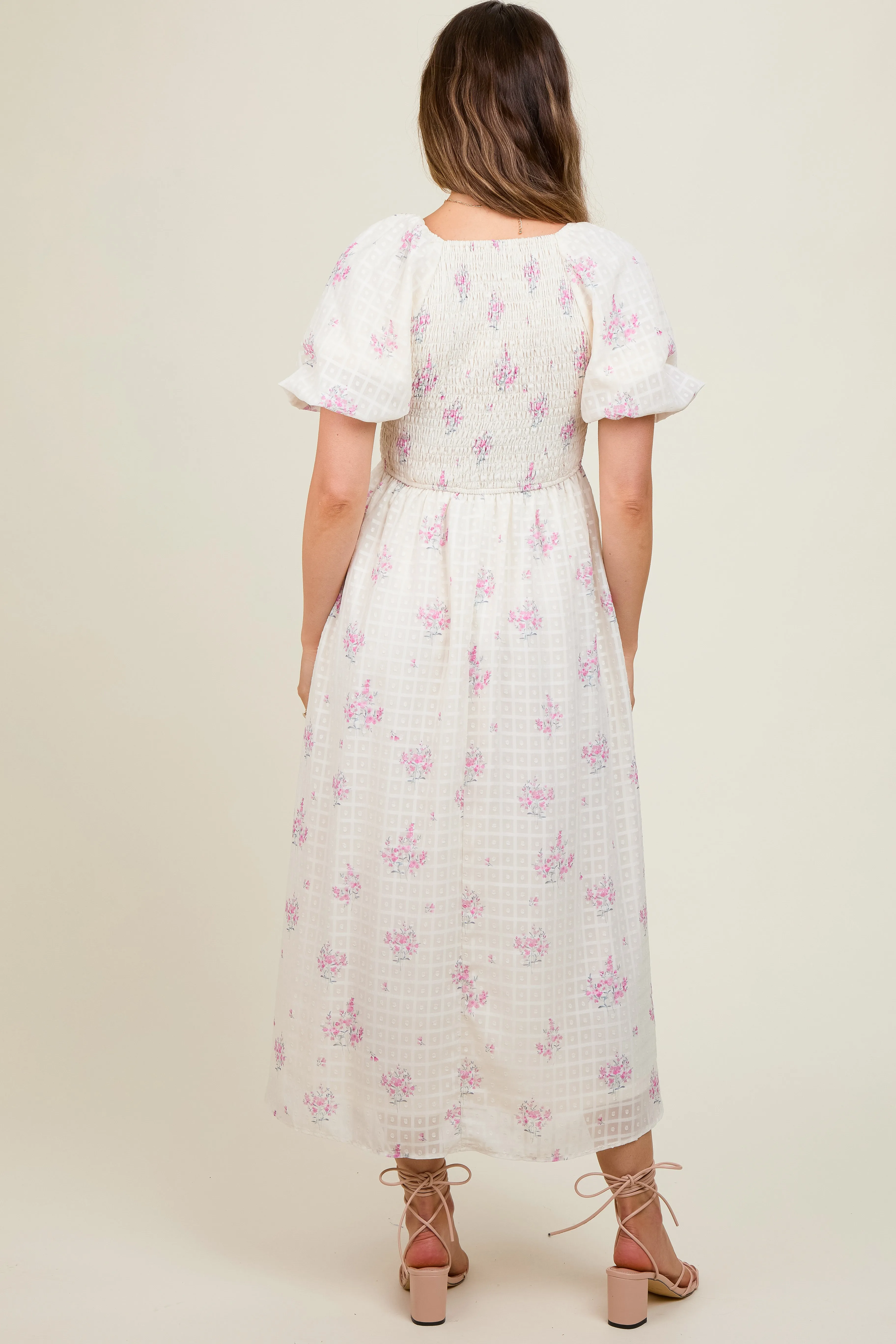 Pink Floral Textured Dot Smocked Sweetheart Neck Maternity Midi Dress sold by Pinkblush product image thumbnail 5
