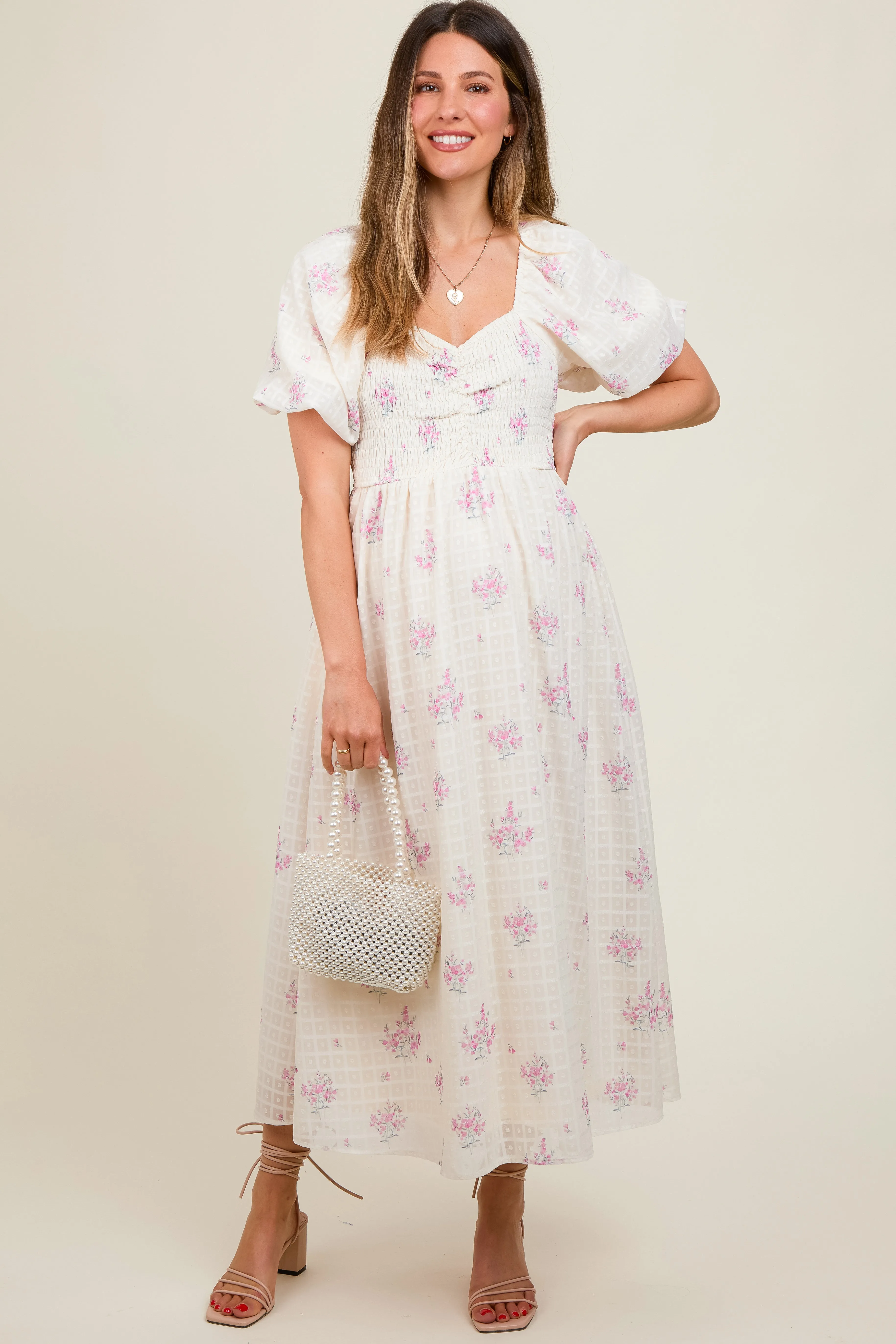 Pink Floral Textured Dot Smocked Sweetheart Neck Maternity Midi Dress sold by Pinkblush product image thumbnail 2