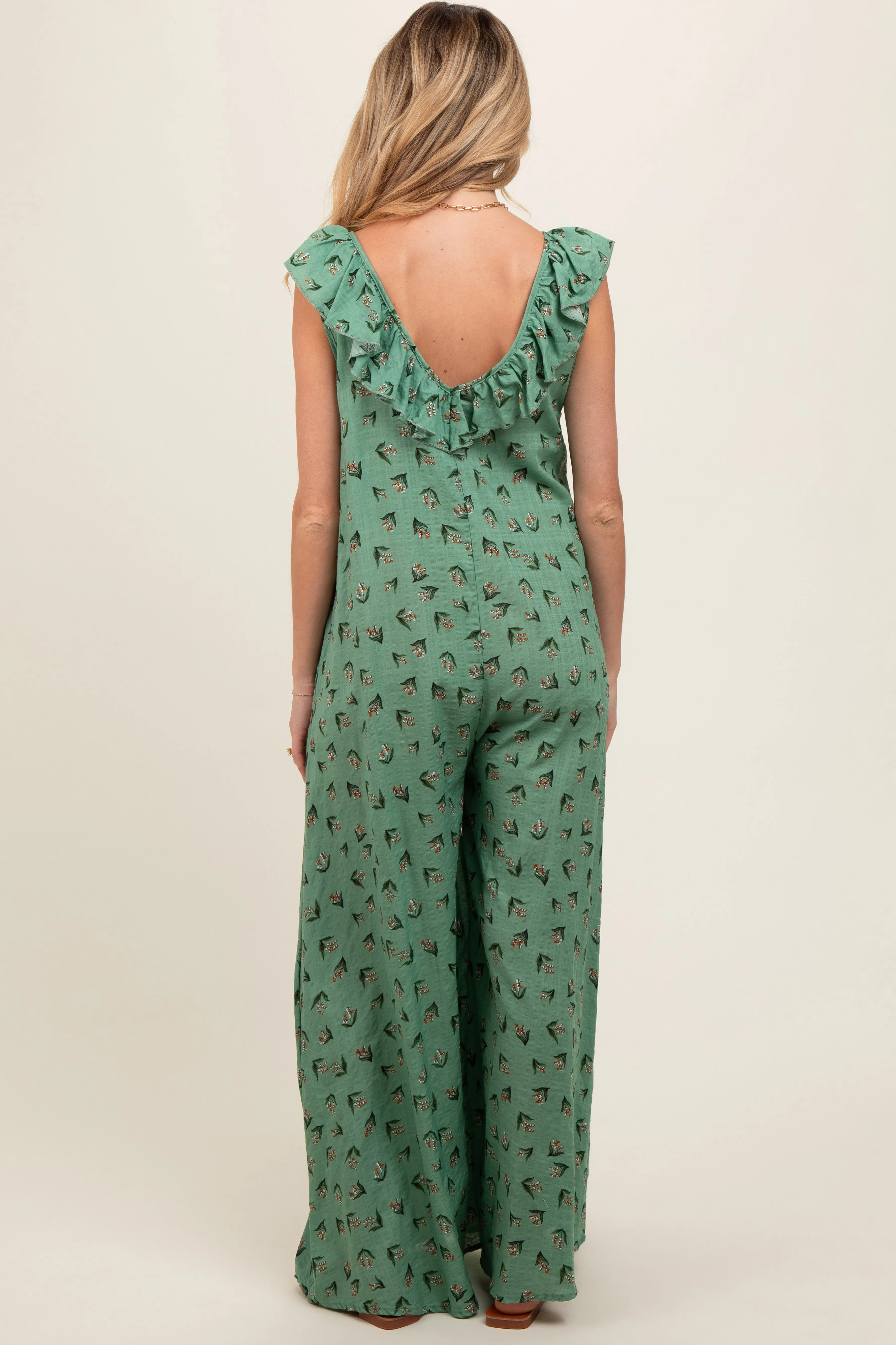 Green Floral Ruffle Accent Wide Leg Maternity Jumpsuit sold by Pinkblush product image thumbnail 3