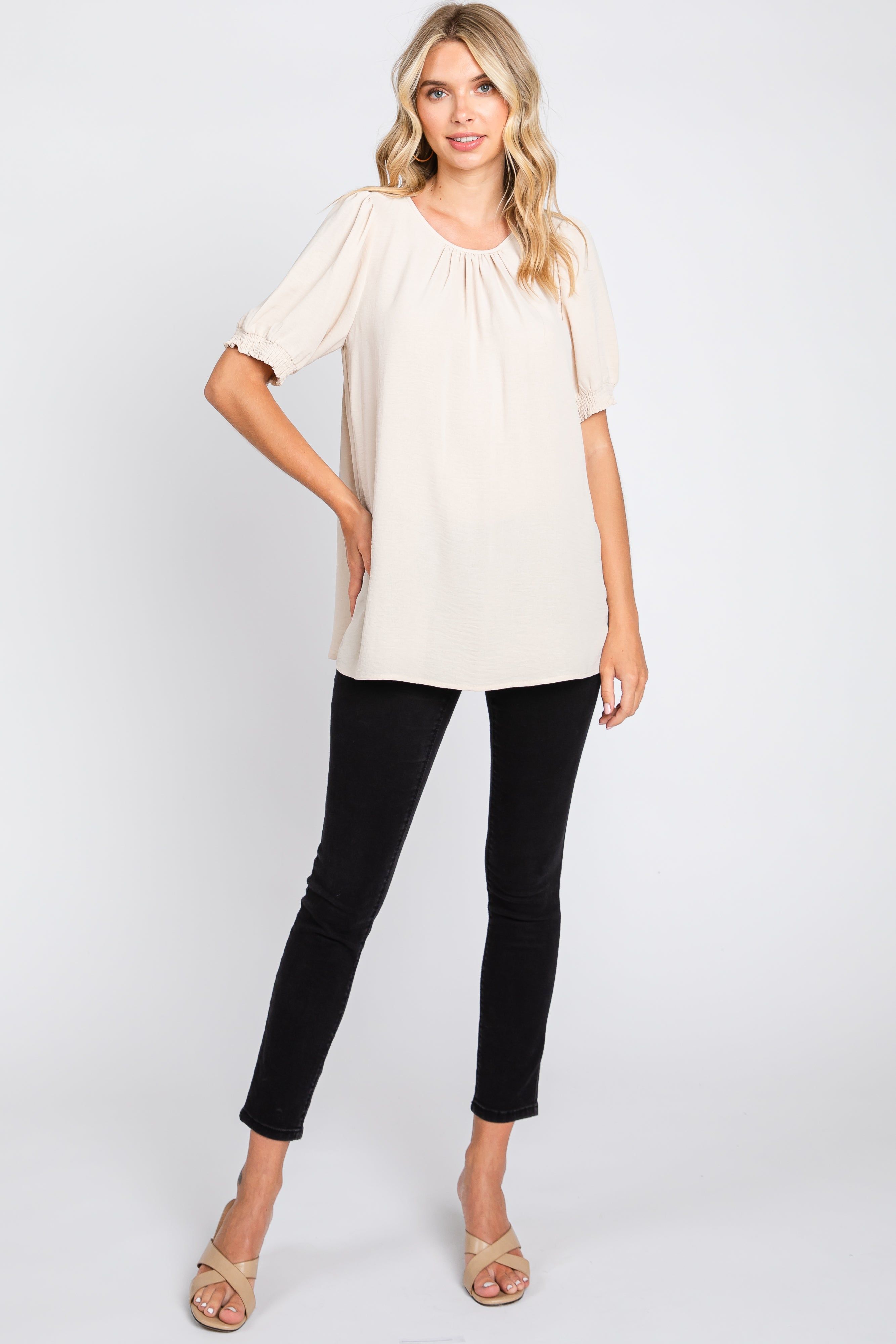 Beige Puff Sleeve Smocked Accent Top sold by Pinkblush product image thumbnail 4