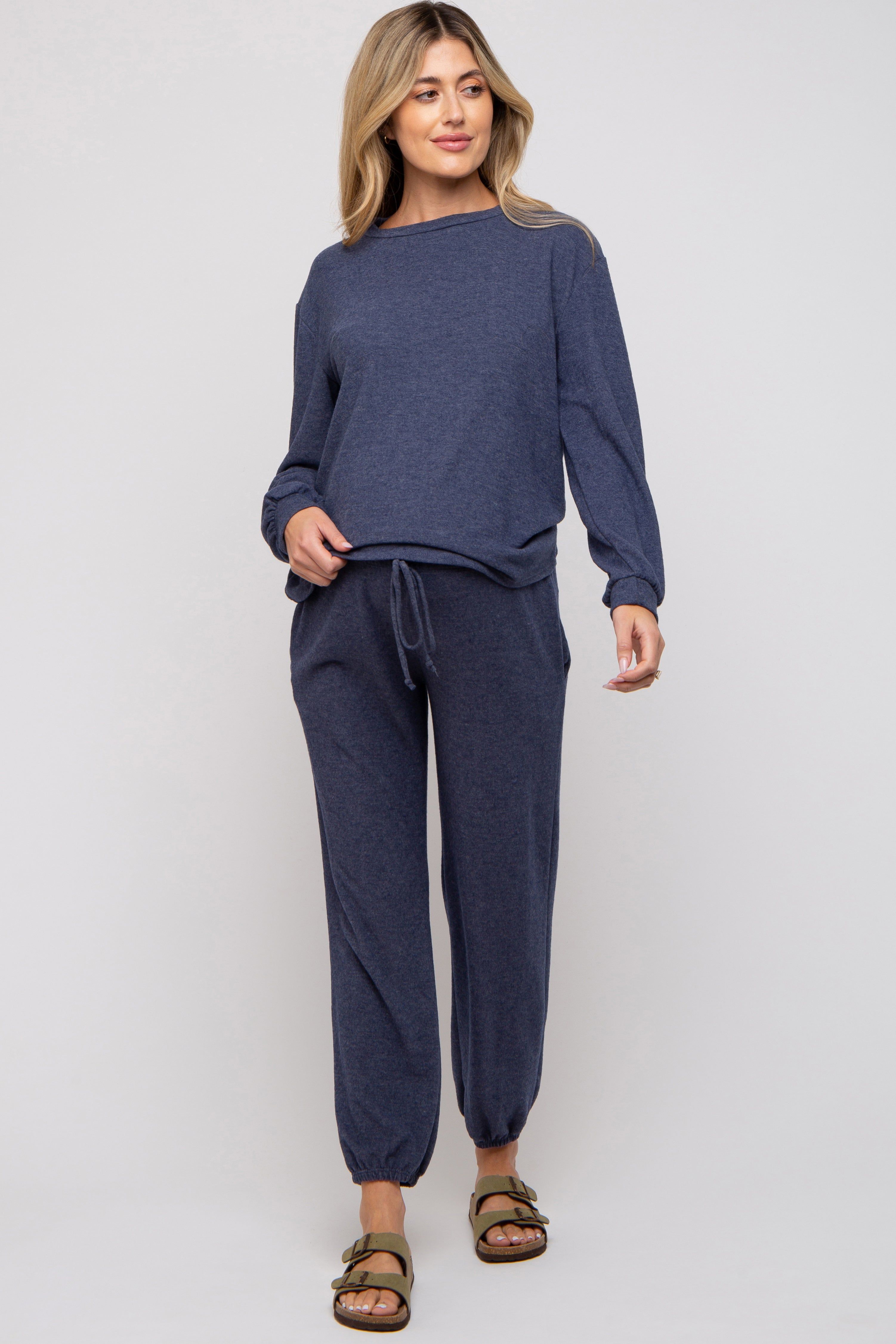 Navy Soft Knit Brushed Long Sleeve Maternity Lounge Set sold by Pinkblush