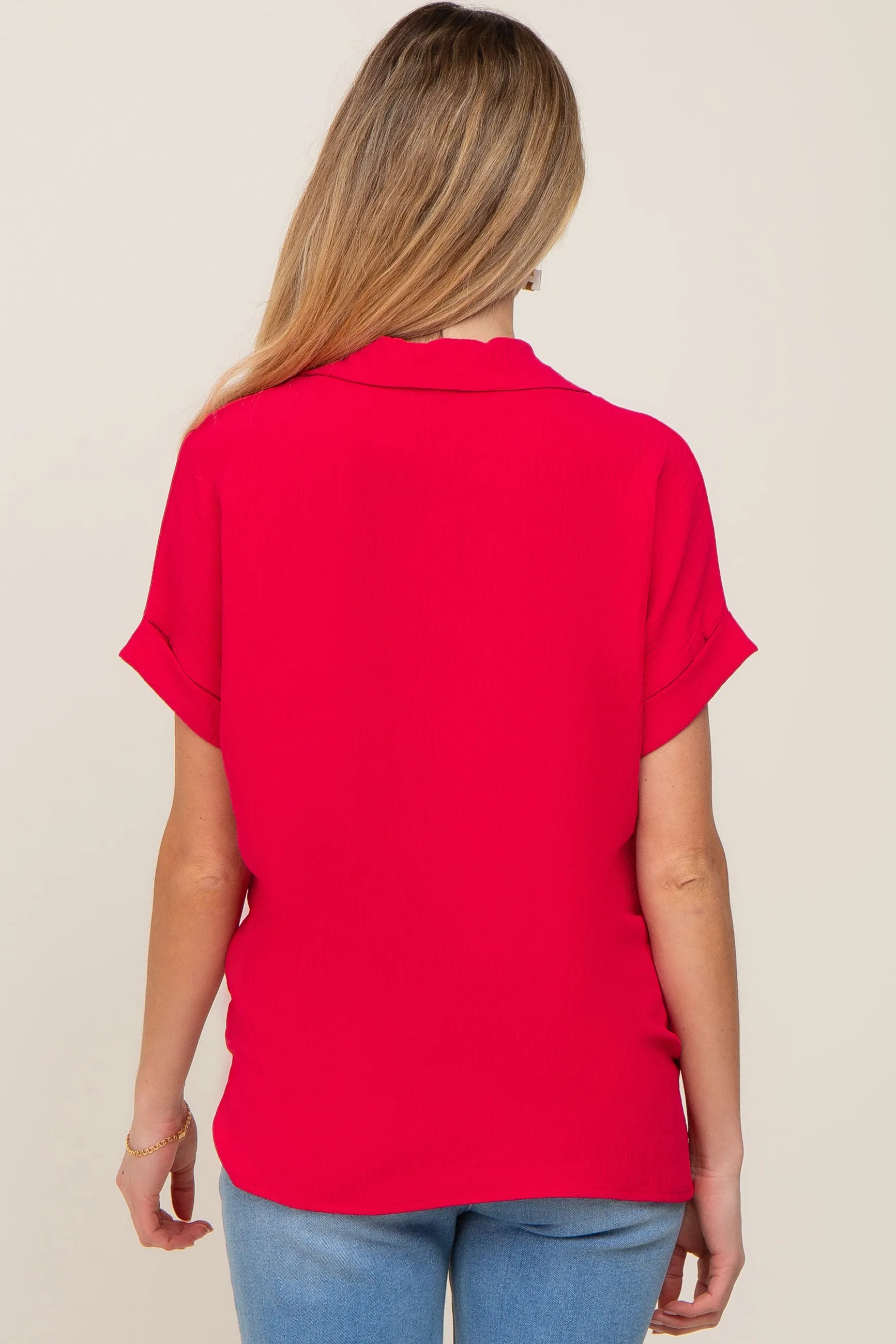 Fuchsia Collared Button-Down Short Sleeve Maternity Blouse sold by Pinkblush product image thumbnail 3