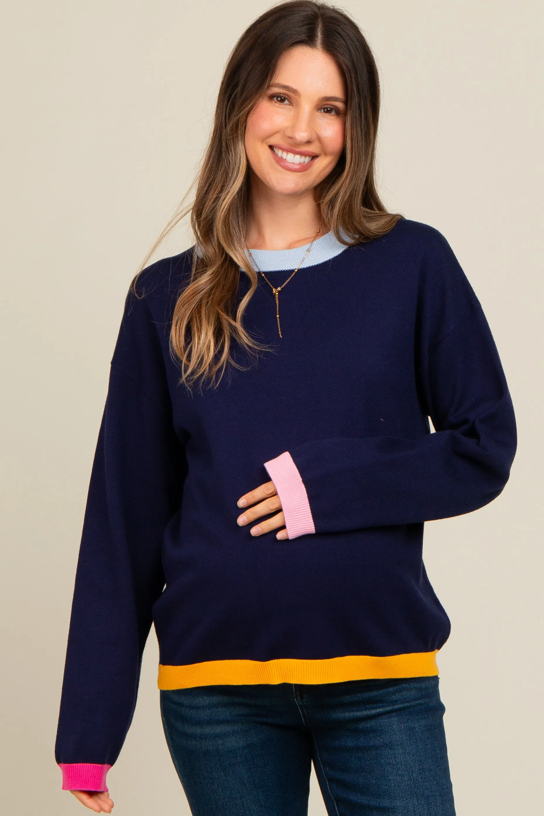 Navy Blue Colorblock Trim Maternity Sweater sold by Pinkblush product image thumbnail 2