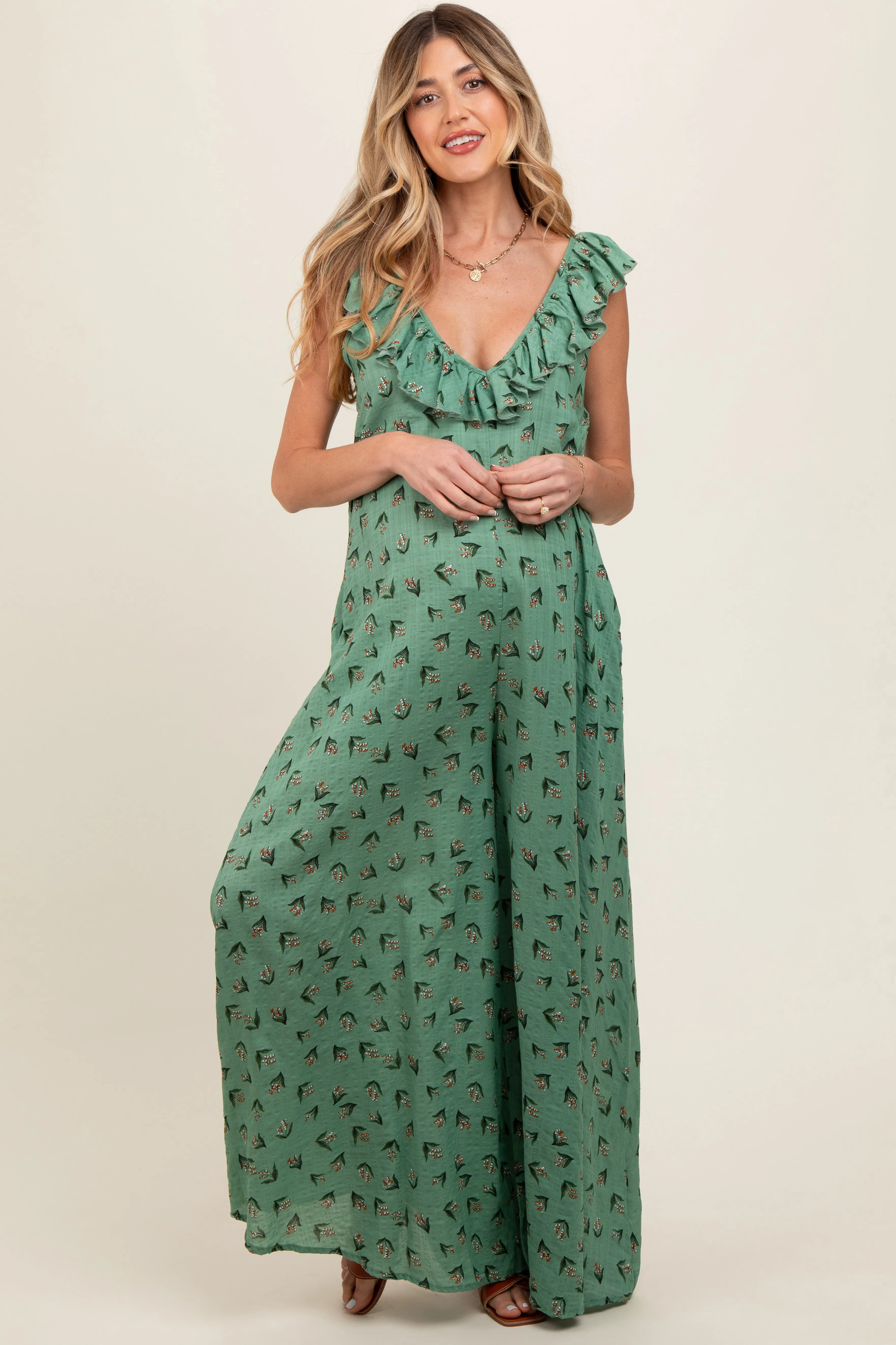 Green Floral Ruffle Accent Wide Leg Maternity Jumpsuit sold by Pinkblush