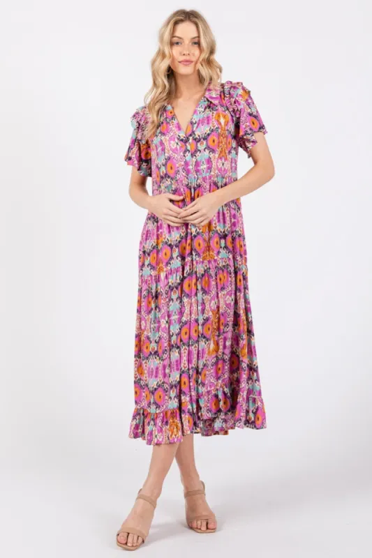 Magenta Print Ruffle Accent Midi Dress sold by Pinkblush