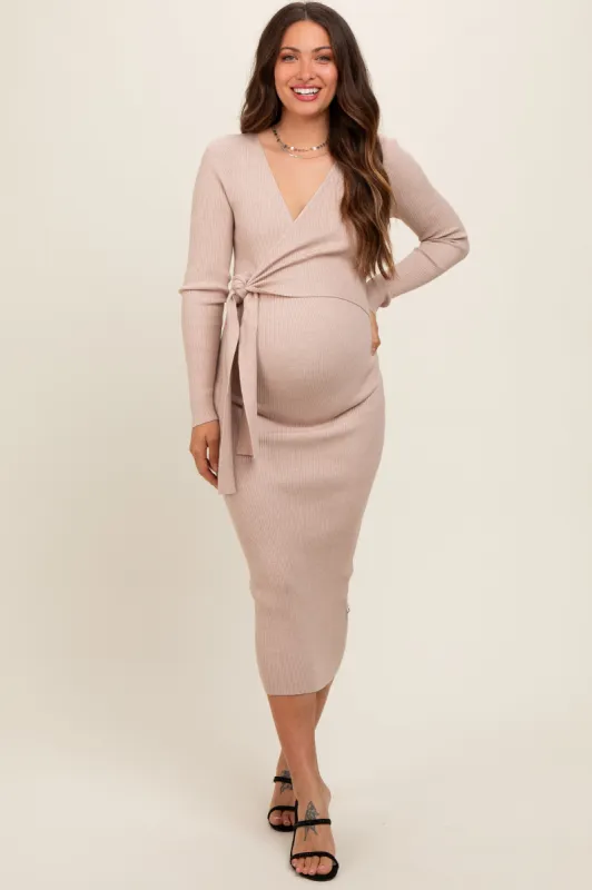 Beige Long Sleeve Fitted Maternity Dress sold by Pinkblush