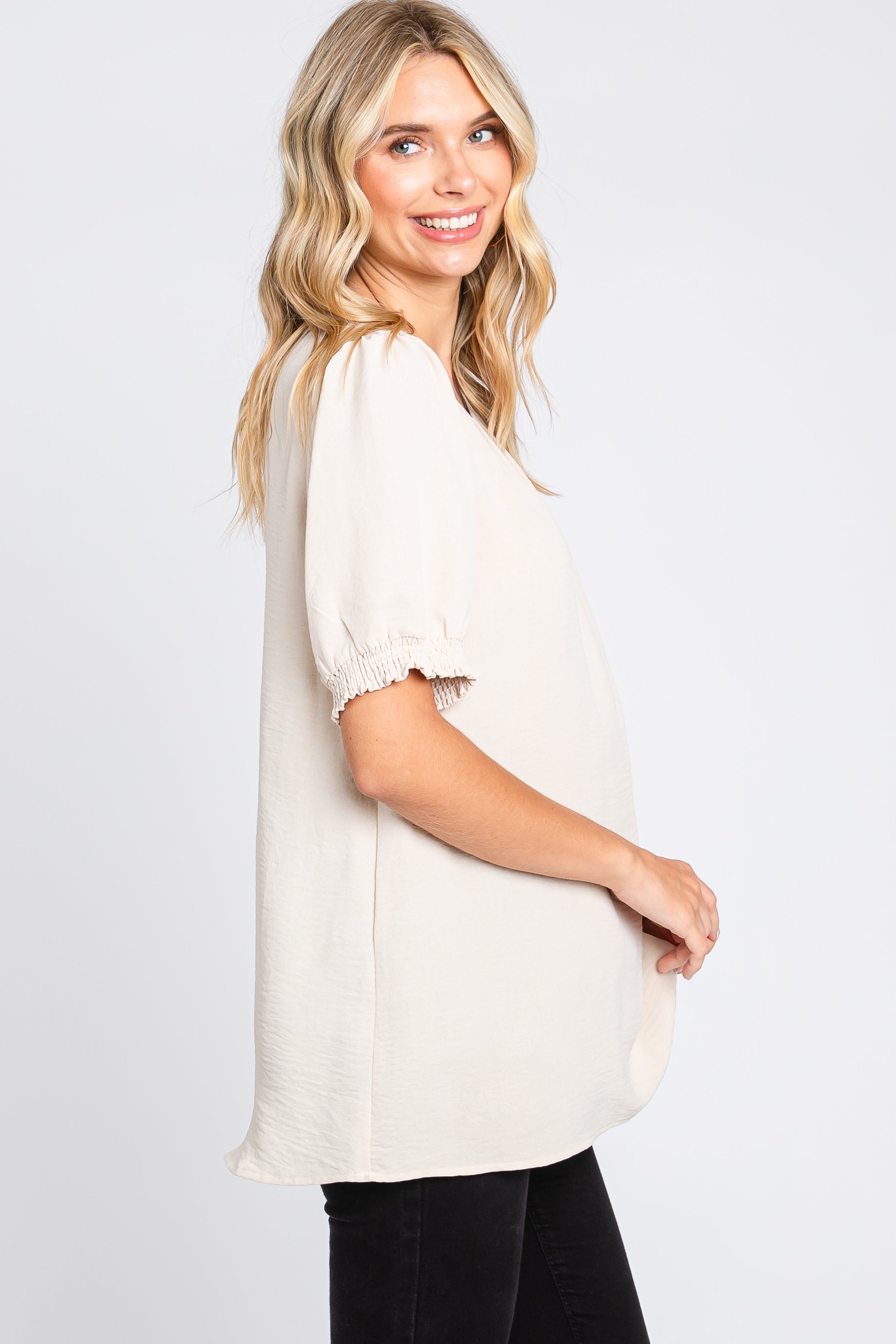 Beige Puff Sleeve Smocked Accent Top sold by Pinkblush product image thumbnail 2