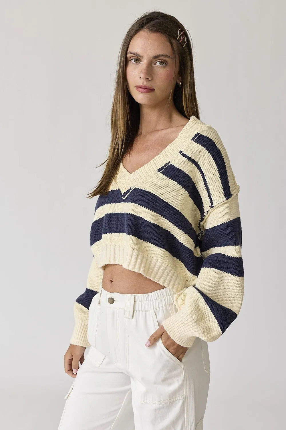 Navy V-Neck Stripe Sweater Top sold by Pinkblush product image thumbnail 4