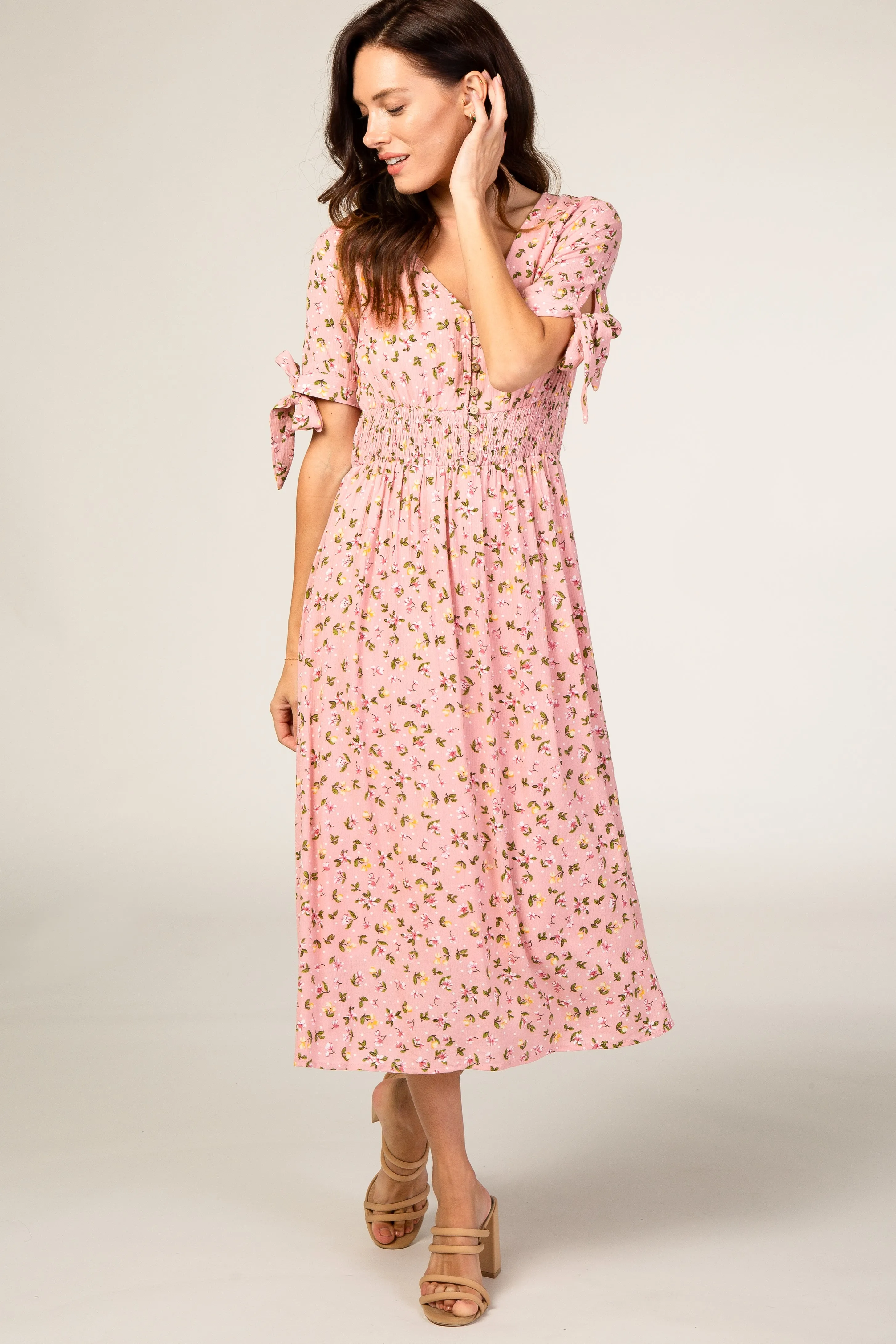 Pink Floral Tie Sleeve Midi Dress sold by Pinkblush product image thumbnail 4