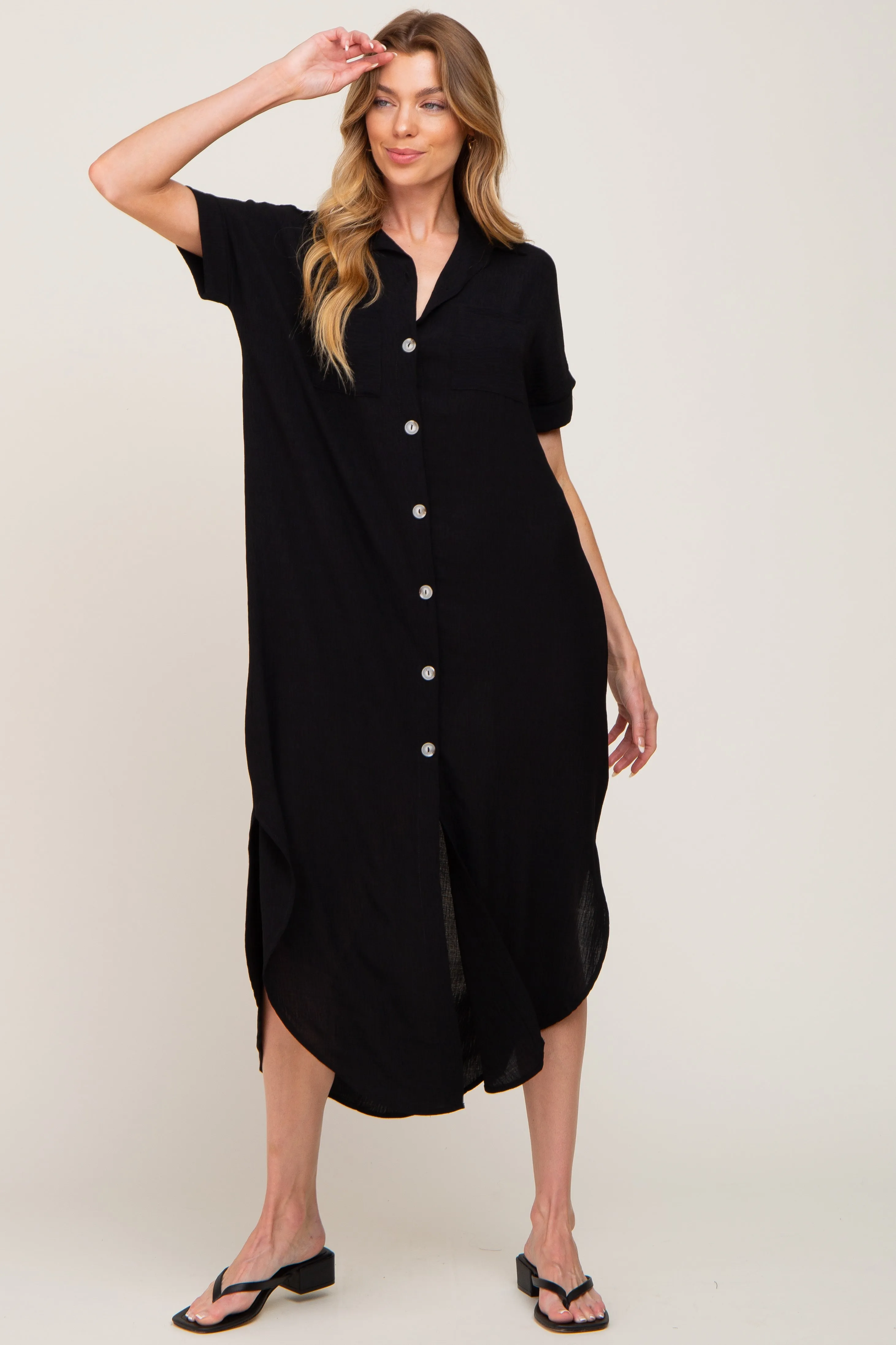 Black Button Down Hi Low Maternity Maxi Dress sold by Pinkblush product image thumbnail 4