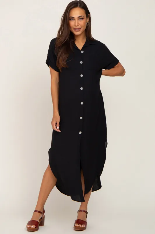 Black Button Down Hi Low Maternity Maxi Dress sold by Pinkblush