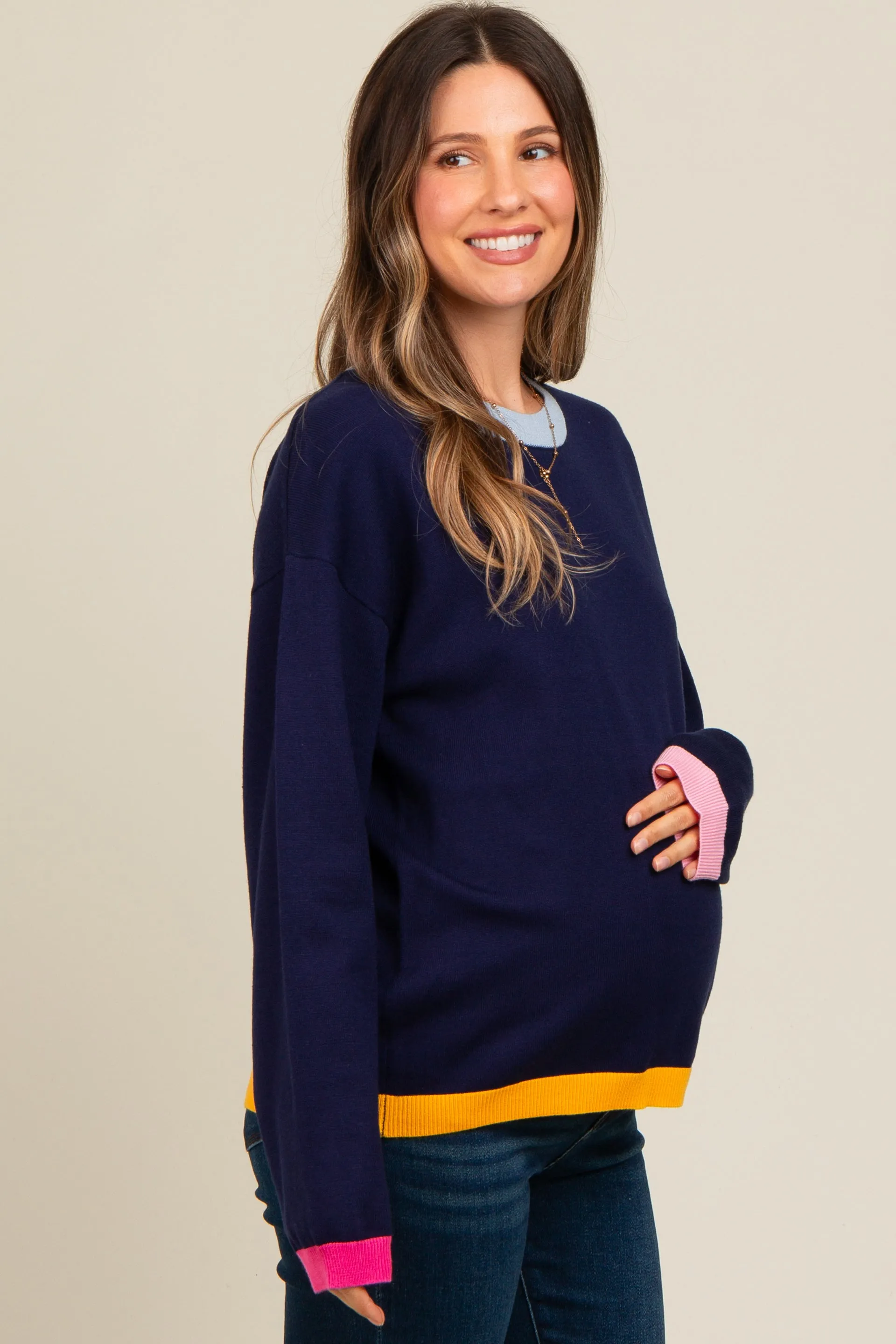 Navy Blue Colorblock Trim Maternity Sweater sold by Pinkblush product image thumbnail 3