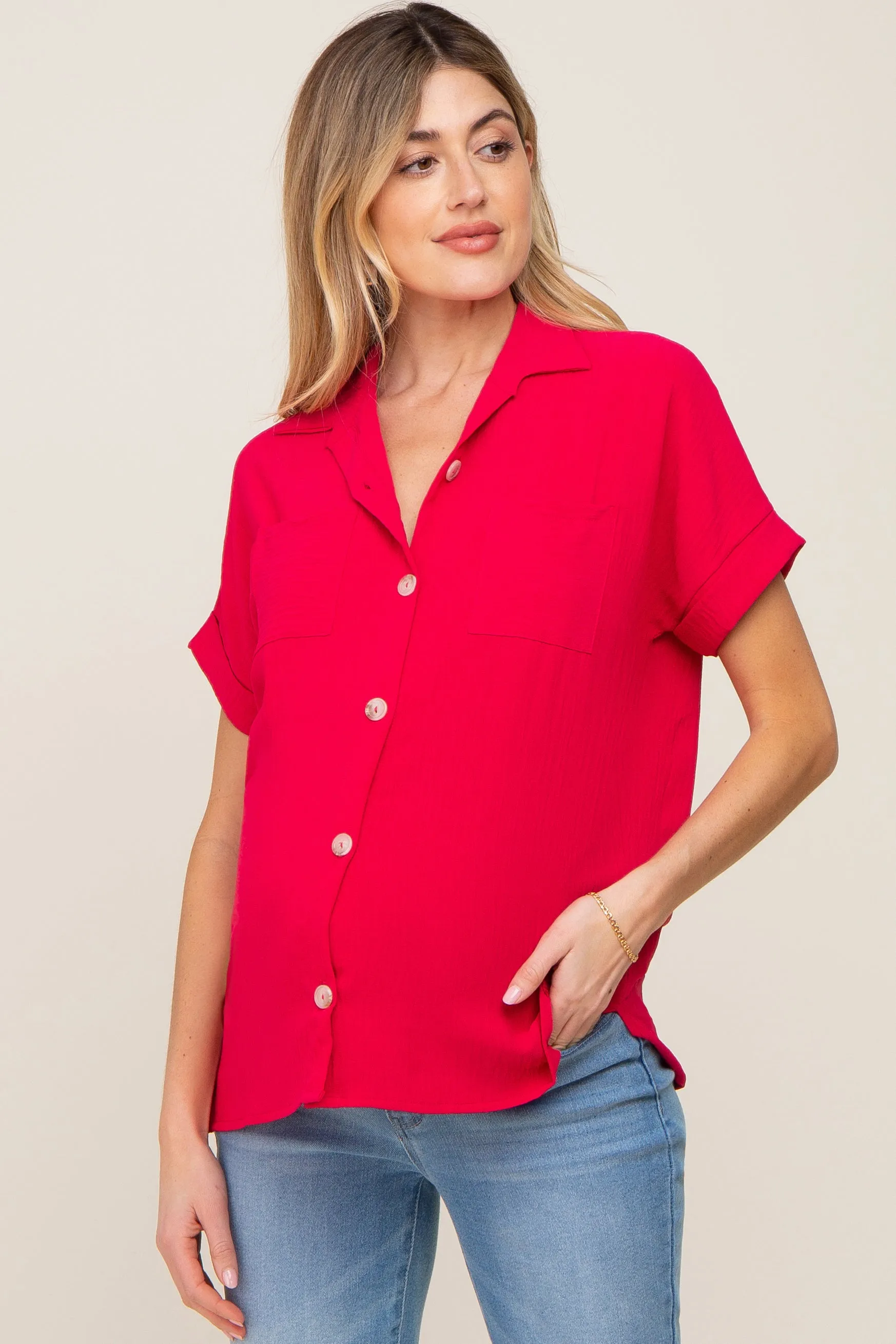 Fuchsia Collared Button-Down Short Sleeve Maternity Blouse sold by Pinkblush